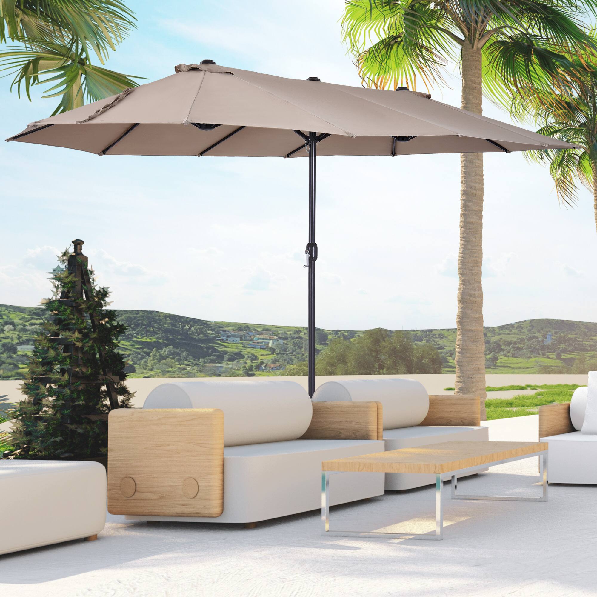 Alt View 1. Outsunny - Extra Large 15 ft Patio Umbrella, Double-Sided Large Outdoor Umbrella with Crank Handle and Air Vents - Tan.