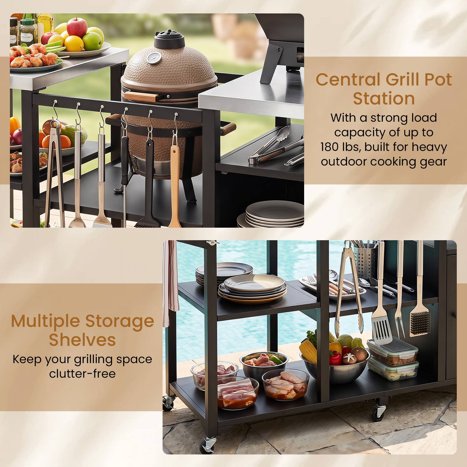Costway Outdoor Grill Cart with Cabinet Stainless Steel Tabletop Hooks ...