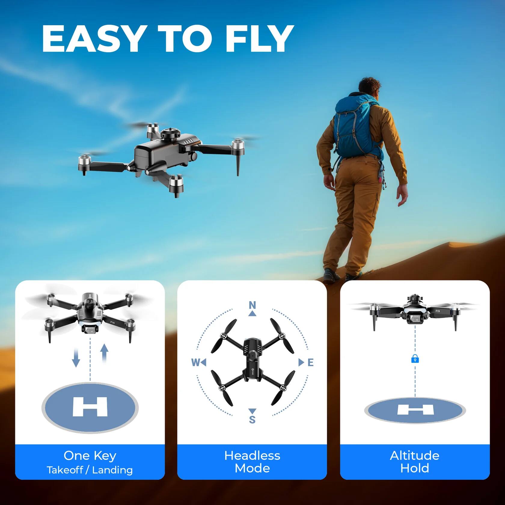 EASY TO FLY

One Key Takeoff / Landing

Headless Mode

Altitude Hold