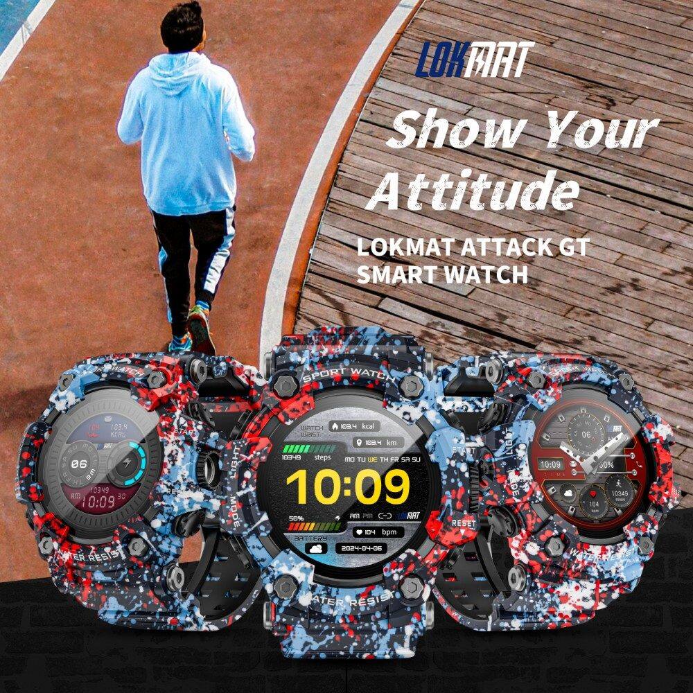 LOKMAT Show Your Attitude  
LOKMAT ATTACK GT SMART WATCH  

034 KR su - 06  
MI 10349 WT7 30  
0:09 ER RESIST LIGHT MODE, GATCH IY kcal  
LmT E4 km 12-0 steps mD TU DE TH FR SA S  
10:09 50% PM in RRI RESET  
124 bpm HTEY 202-04-06 5  
DE 0 5 10:09 9 D n a - 06 0 0%  
2aes 104 ATER RESIST