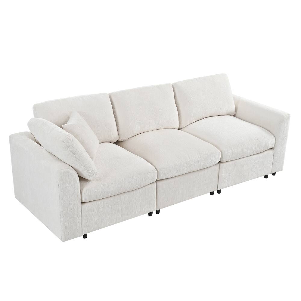 Back. Loheer - Loheer 101.57" Modern 3-Seater Sofa Chenille Couch with Solid Wood Frame Deep Seating Living Room Sofa with Throw Pillow - Beige.