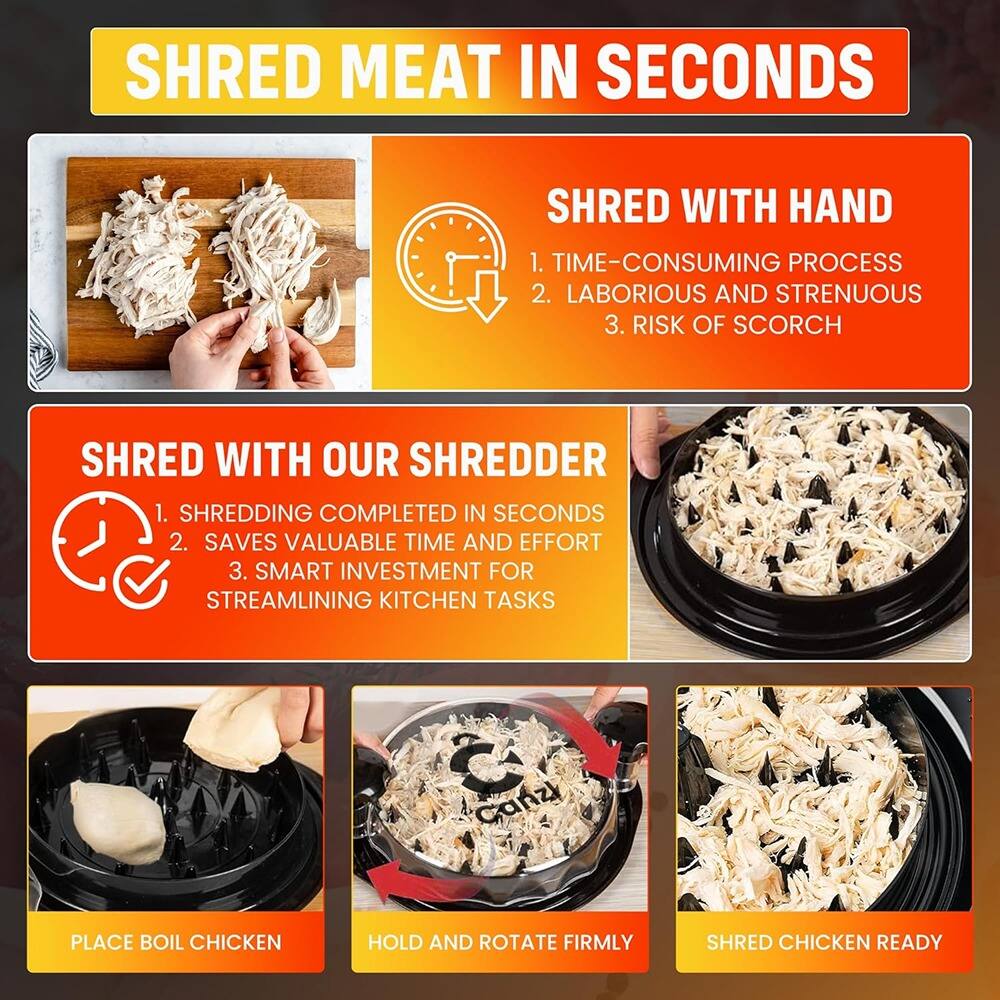 **SHRED MEAT IN SECONDS**

**SHRED WITH HAND**
1. TIME-CONSUMING PROCESS
2. LABORIOUS AND STRENUOUS
3. RISK OF SCORCH

**SHRED WITH OUR SHREDDER**
1. SHREDDING COMPLETED IN SECONDS
2. SAVES VALUABLE TIME AND EFFORT
3. SMART INVESTMENT FOR STREAMLINING KITCHEN TASKS

**PLACE BOIL CHICKEN**

**HOLD AND ROTATE FIRMLY**

**SHRED CHICKEN READY**