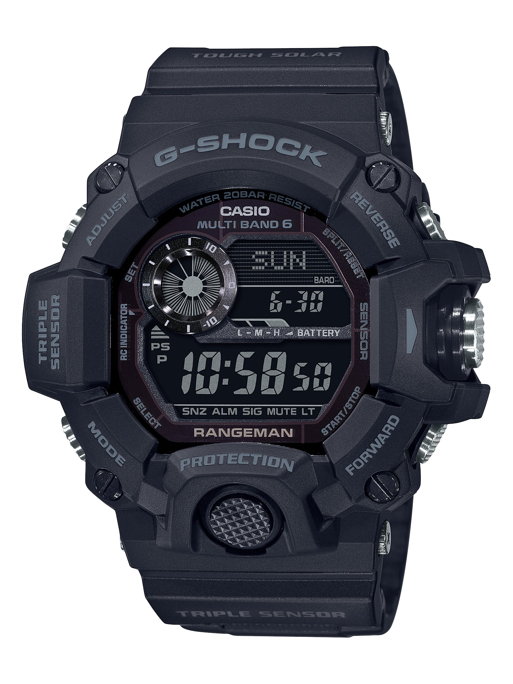 TOUGH SOLAR G-SHOCK 20BAR WATER CASIO RESIST ADJUST I MULTI DI BAND 6 SPLIT REVERSE S RESET SET BARO 6-30 INDICATOR I 10 TRIPLE SENSOR RC F PS L-M-H L M - H BATTERY SENSOR P 10:58 S0 SELECT SNZ ALM SIG MUTE LT START/STOP RANGEMAN ILL MODE PROTECTION FORWARD A TRIPLE SENSOR