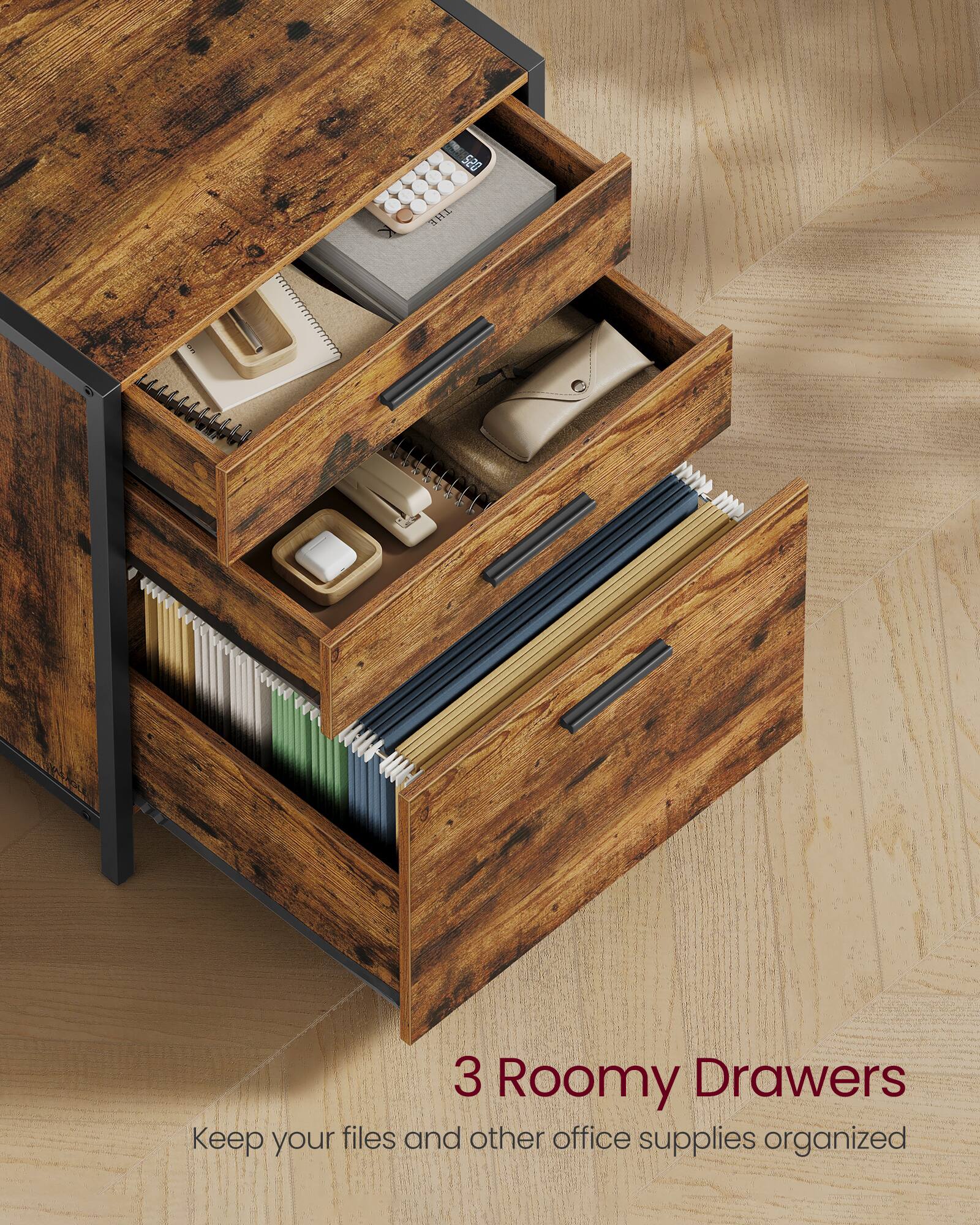 3 Roomy Drawers  
Keep your files and other office supplies organized