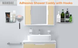 Oumilen - No-Drill Shower Caddy with Removable Hooks, Metal - Silver