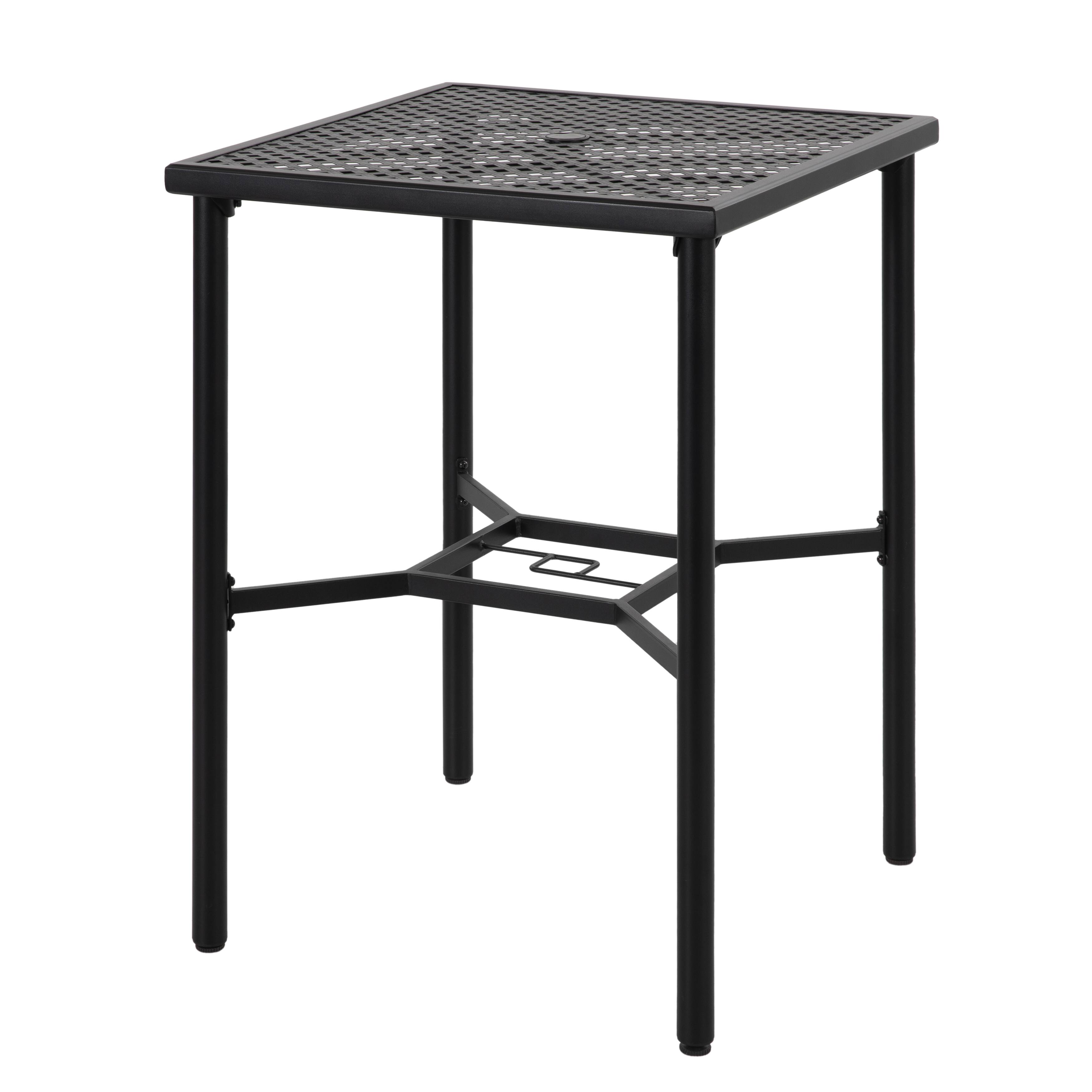 Angle. Nuu Garden - Outdoor 28" Square Bar Table with Mesh Top and 1.57" Umbrella Hole - Black with Gold Speckles.