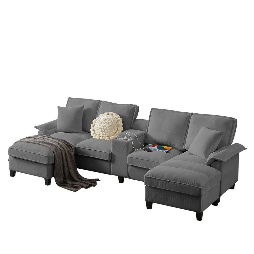 Left. Resenkos - 120" U-Shaped Sectional Sofa Bed, Corduroy 4-Seater with Storage and Cup Holders, Gray - Gray.