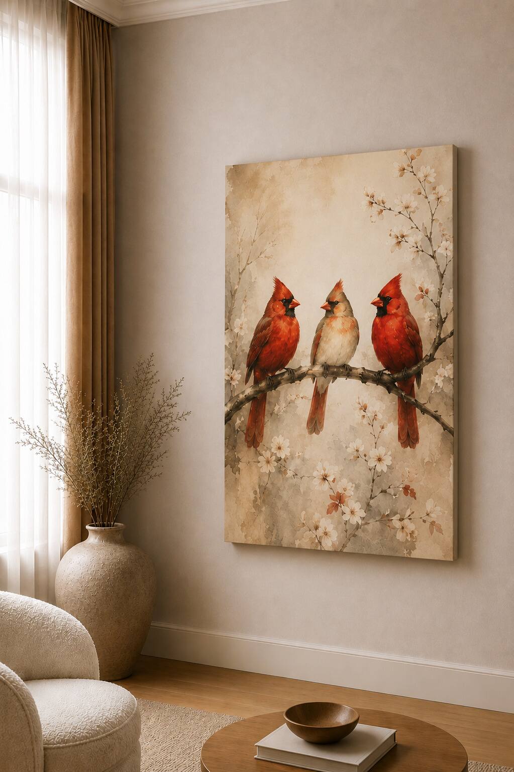FC Design - Large Cardinal Bird Blossom Harmony Canvas Print 24x36"-Ready-to-Hang Rustic Spring Nature Art Painting Home Wall Décor - MultiColor