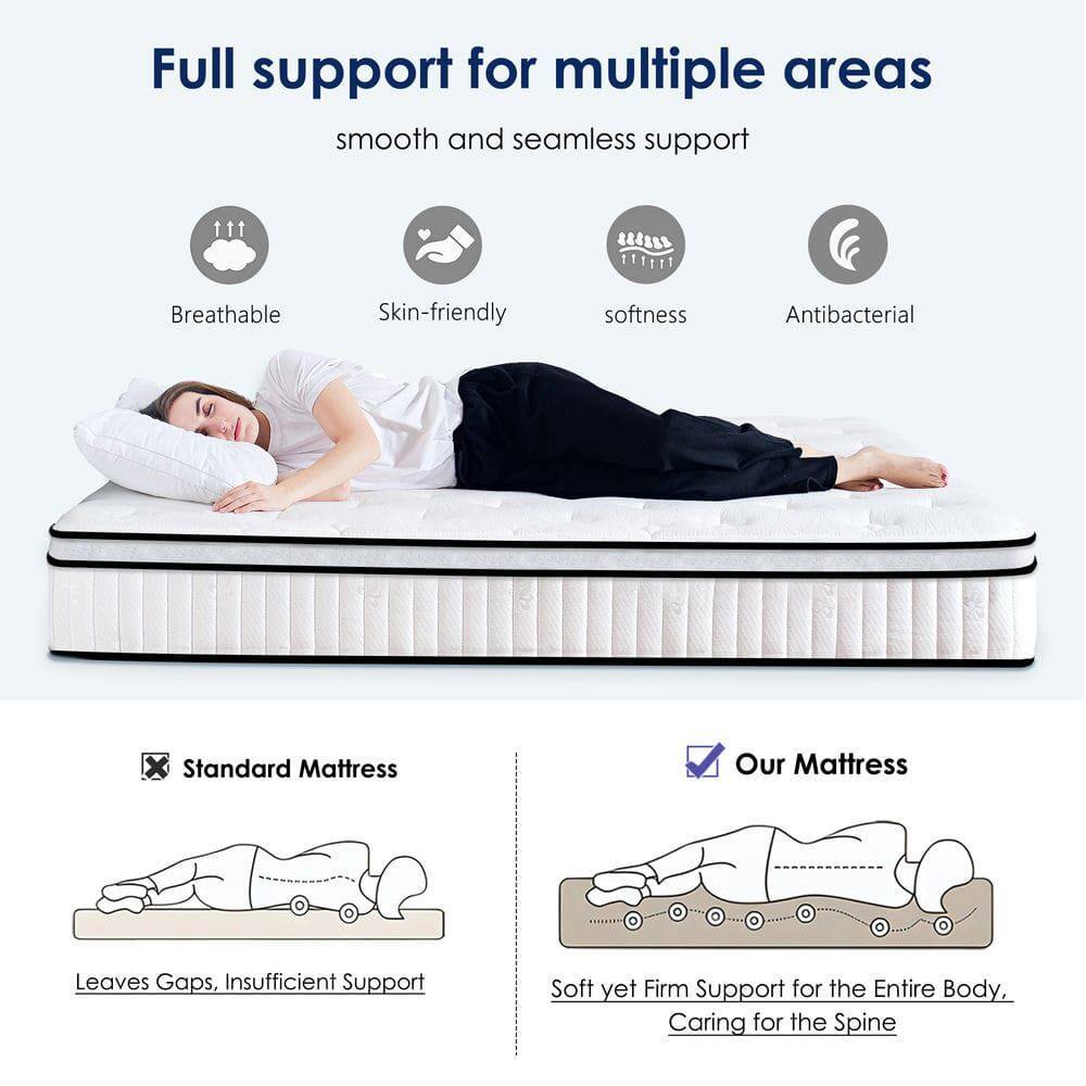 Full support for multiple areas  
smooth and seamless support

- Breathable
- Skin-friendly
- Softness
- Antibacterial

Standard Mattress  
Leaves Gaps, Insufficient Support

Our Mattress  
Soft yet Firm Support for the Entire Body, Caring for the Spine
