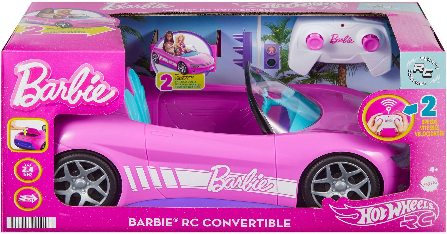 Barbie RC Convertible  
Hot Wheels RC  
2 Speeds  
2.4 GHz  
10m Range  
4+  
Mattel  
Barbie Doll Fits  
Capacity for 4 Barbies  
Remote Control Included  
Hot Wheels RC