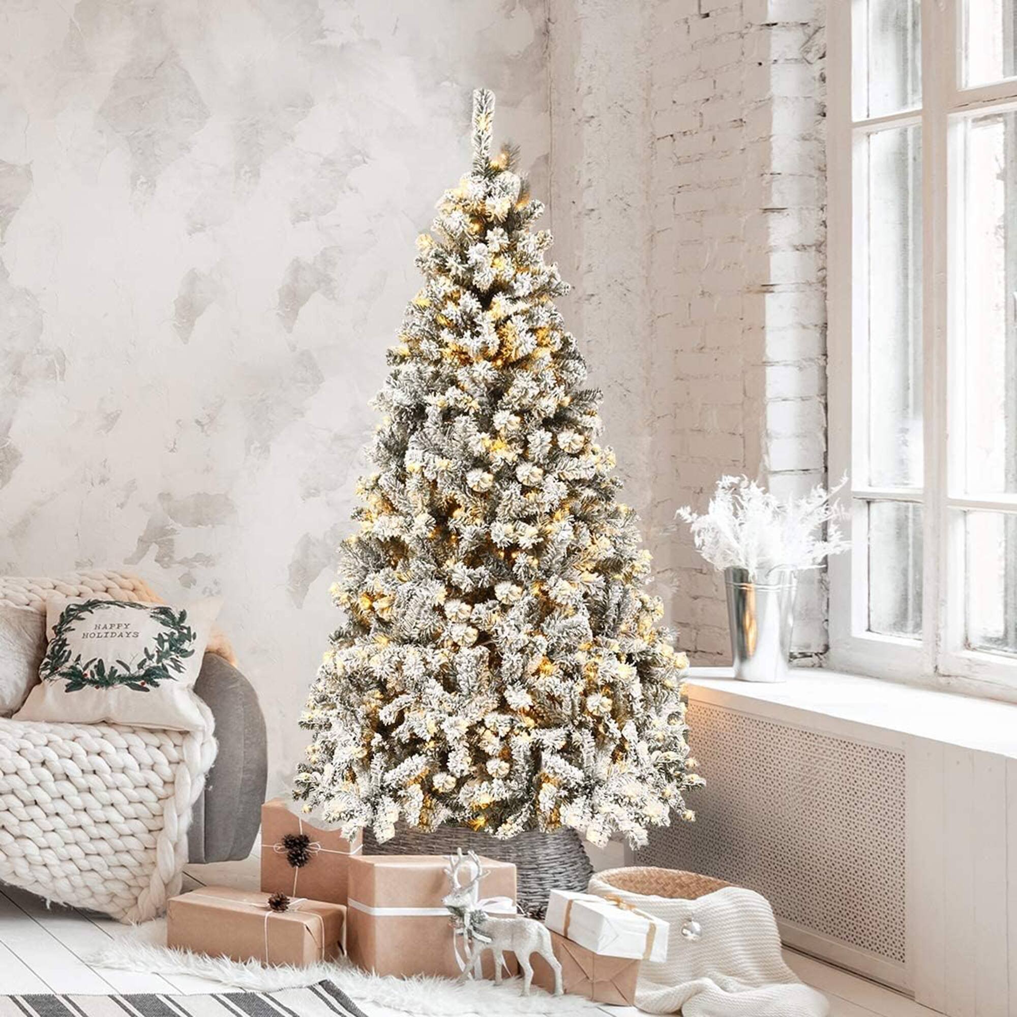 Gymax - 6 FT Pre-Lit Christmas Tree Snow Flocked Hinged Pine Tree w/ Metal Stand - White price history on PriceWatchPro