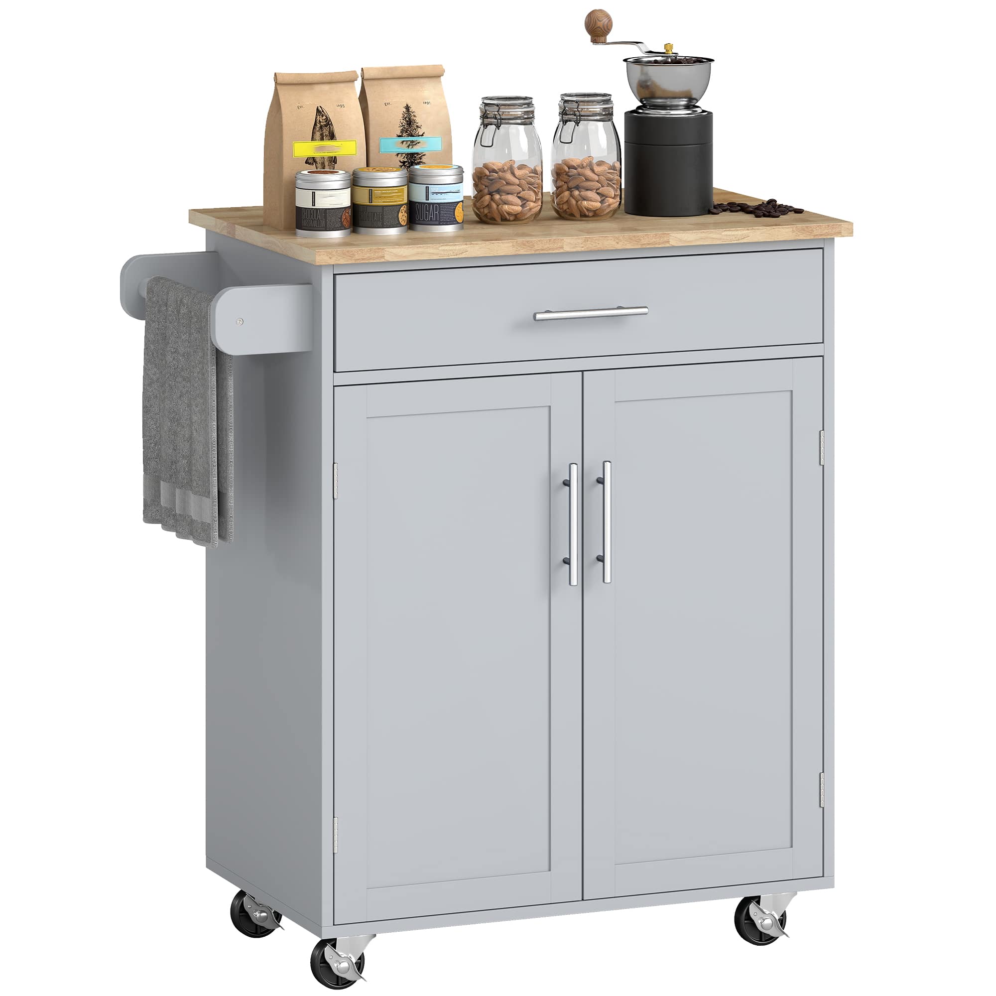 Homcom - Kitchen Island Cart, Rolling Island Table with Solid Wood Top, Trolley Cart with Drawer, Storage Cabinet & Towel Rack - Gray