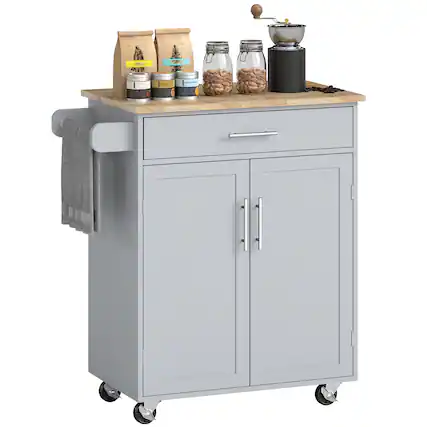 Front. Homcom - Kitchen Island Cart, Rolling Island Table with Solid Wood Top, Trolley Cart with Drawer, Storage Cabinet & Towel Rack - Grey.