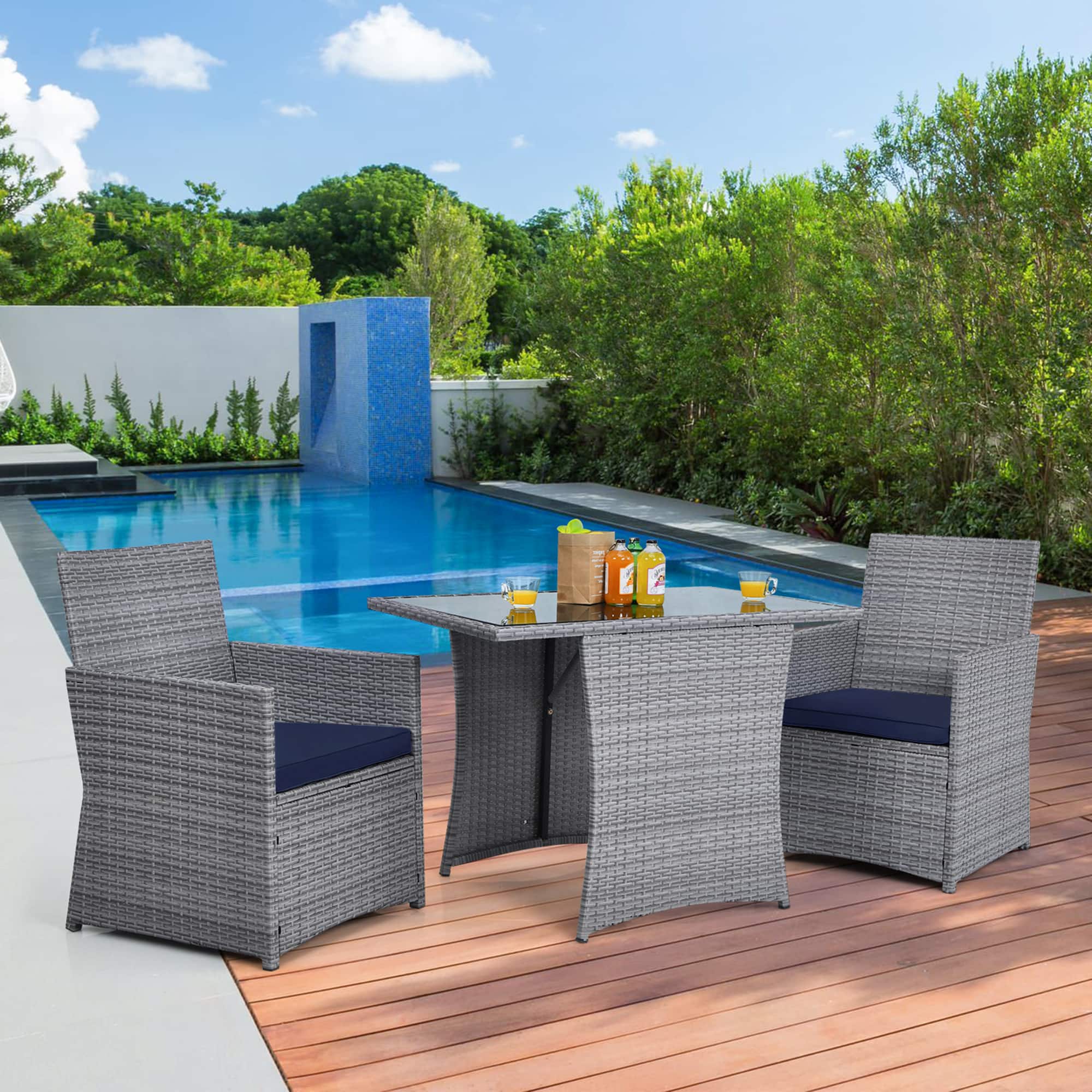 Gymax - 3PCS Outdoor Rattan Conversation Set Patio Dining Table Set w/ Cushions - Navy price history on PriceWatchPro