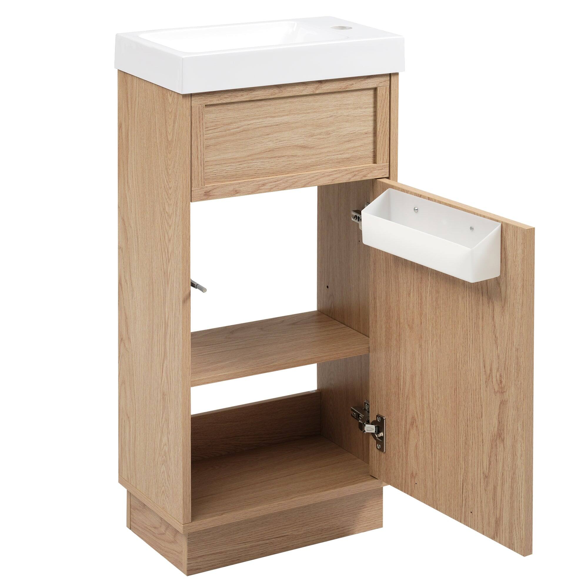 Left. Boyel Living - 15.75 Inch Rustic Bathroom Vanity with Resin Sink Adjustable Shelf and Reversible Door - Wood.