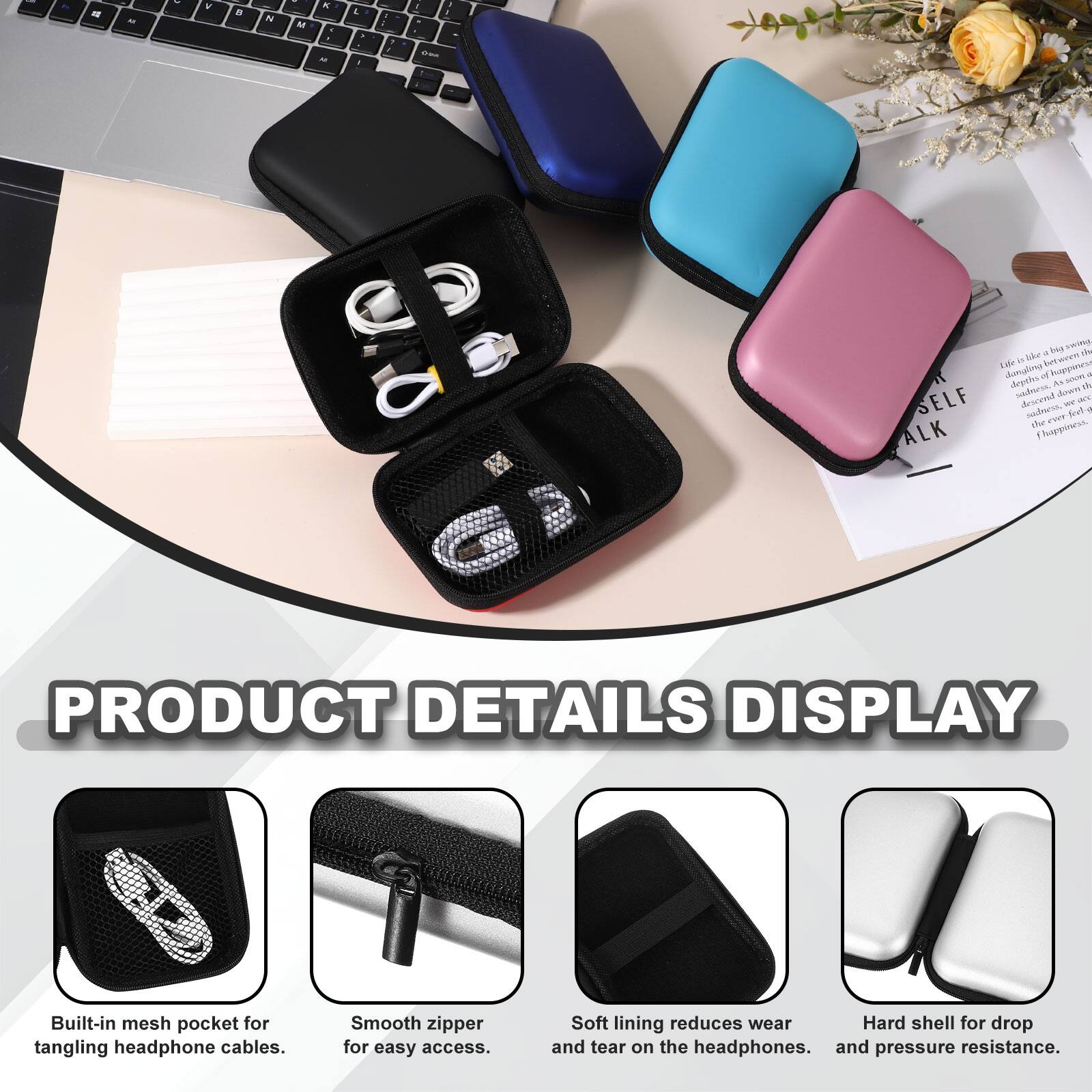 PRODUCT DETAILS DISPLAY

- Built-in mesh pocket for tangling headphone cables.
- Smooth zipper for easy access.
- Soft lining reduces wear and tear on the headphones.
- Hard shell for drop and pressure resistance.