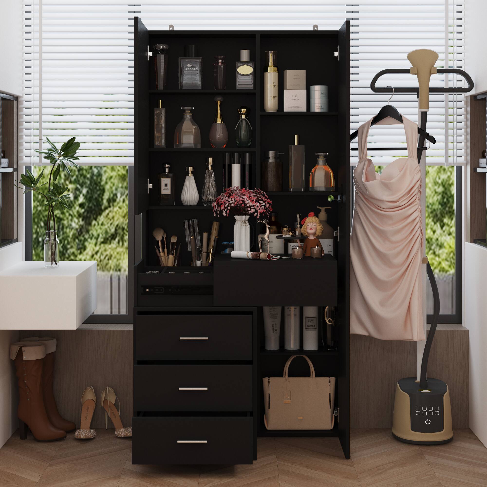 Back. Famapy - Black Vanity with LED Full-Length Mirror, Sliding Top Storage & Drawers, Modern Makeup Organizer for Bedroom - Black.
