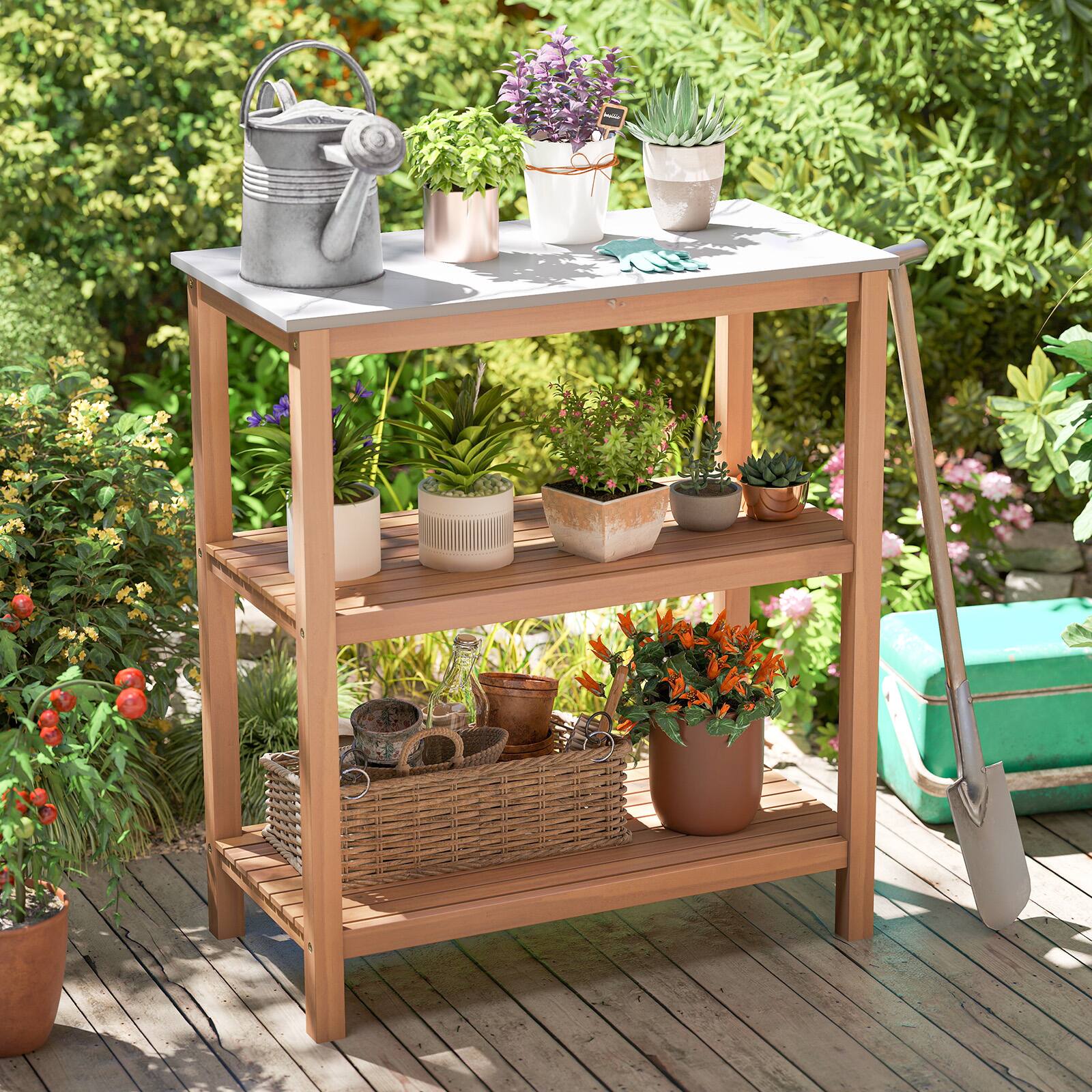 Alt View 4. Gymax - Gymax 3-Tier Patio Garden Potting Bench Table w/ Acacia Wood 2 Slatted Shelves - Natural, White.
