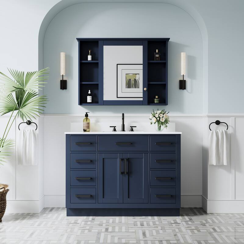 Back. WELLFOR - 48 in Solid Wood Bathroom Vanity with Sink,2 Soft-Close Doors,9 Drawers& Cultured Marble Countertop,Matte Black Handle - Navy Blue.