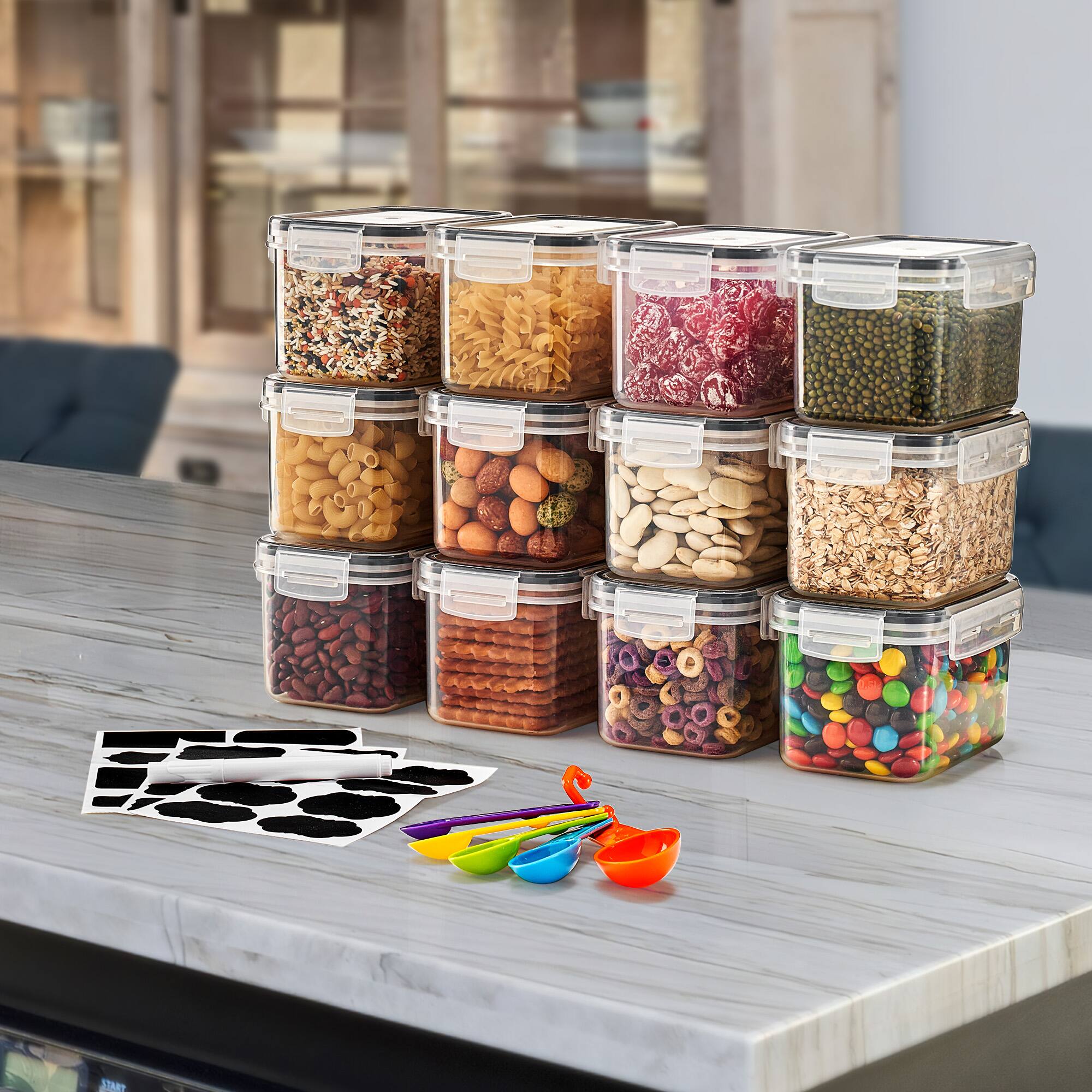 Angle. Sorbus - Sorbus 12 Pack (0.8L/27.05 Oz) Airtight Food Storage Containers with Locking Lids, Measuring Spoons & Labels - Clear.