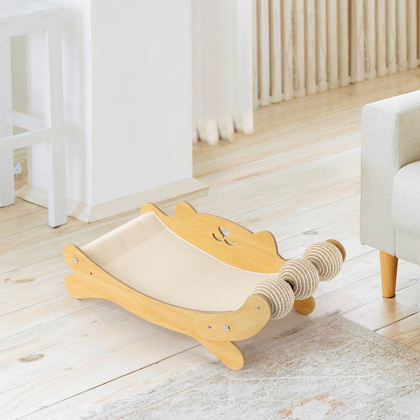 Alt View 2. Oumilen - Cat Lounge Bed with Sisal Scratching Rollers, Cat-Shaped Cat Hammock Bed for Indoor Cats - Natural.