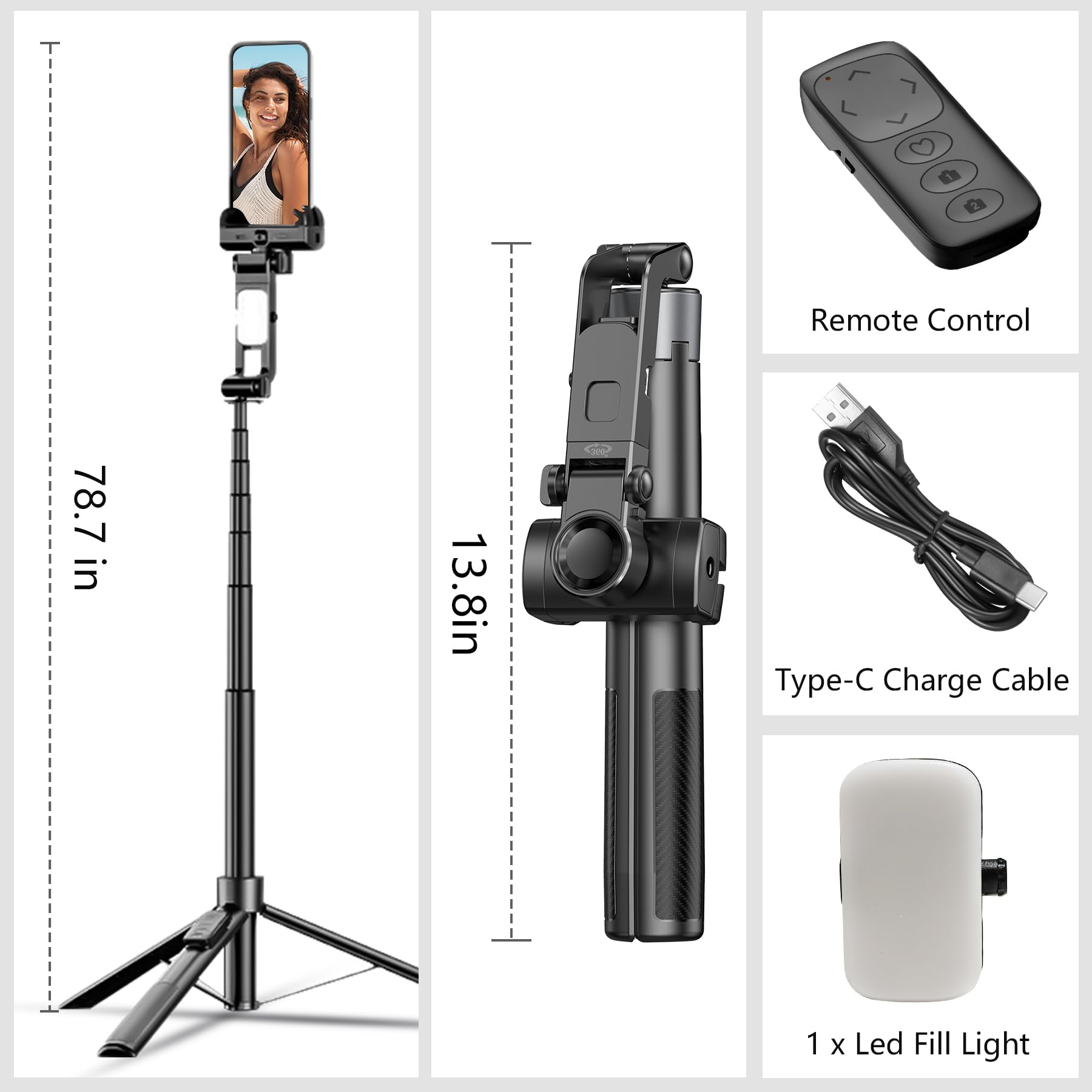 O 2 Remote Control 78.7 in 13.8in Type-C Charge Cable 1 x Led Fill Light