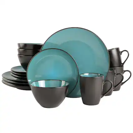 Front. Dazzed Corner - Round Reactive Glaze Stoneware Dinnerware Set, Service for 4 (16pc) - Teal.