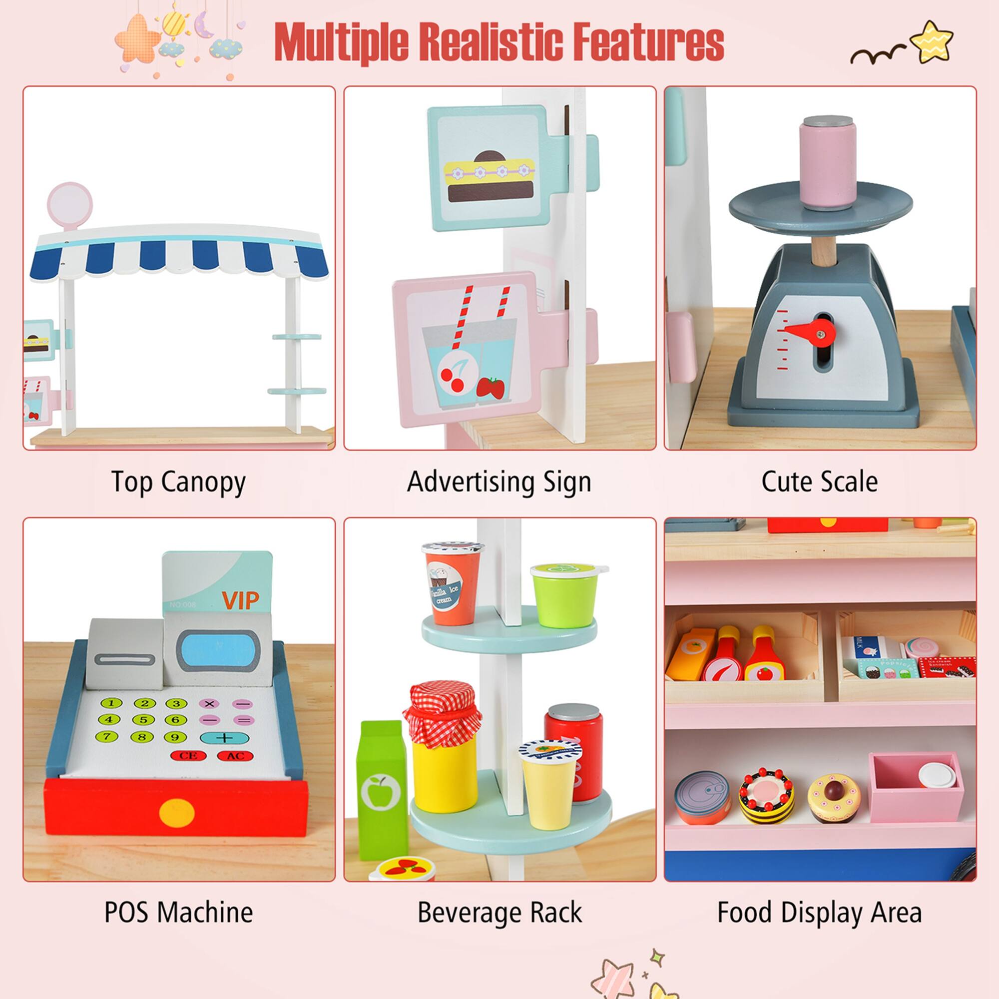 Multiple Realistic Features

Top Canopy  
Advertising Sign  
Cute Scale  
POS Machine  
Beverage Rack  
Food Display Area
