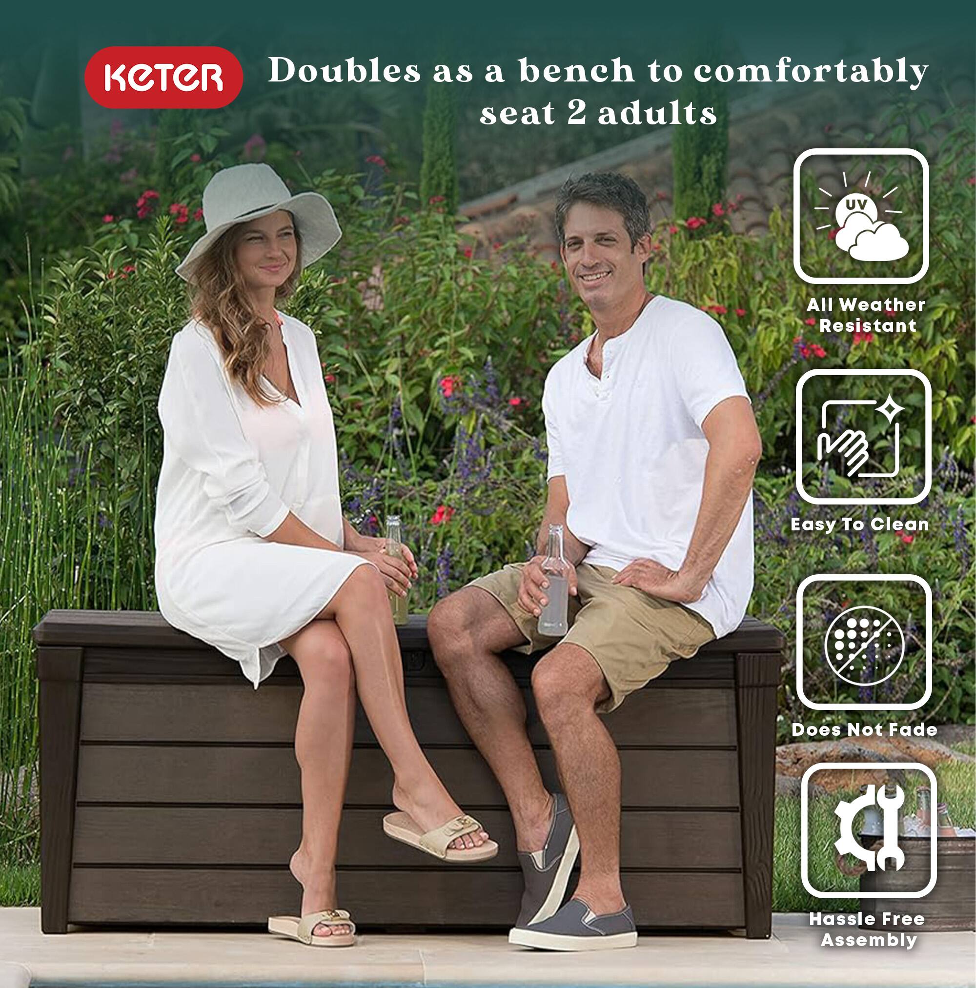 KETER  
Doubles as a bench to comfortably seat 2 adults  

- UV All Weather Resistant  
- Easy To Clean  
- Does Not Fade  
- Hassle Free Assembly