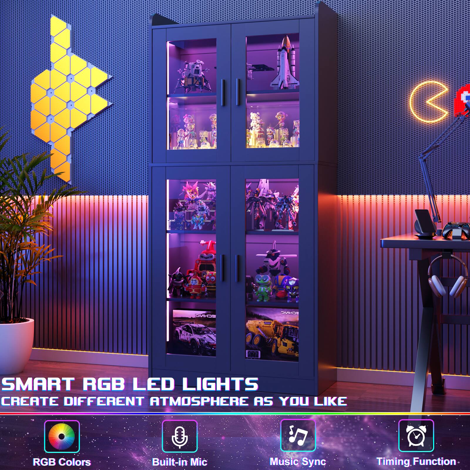 SMART RGB LED LIGHTS  
CREATE DIFFERENT ATMOSPHERE AS YOU LIKE  

RGB Colors  
Built-in Mic  
Music Sync  
Timing Function