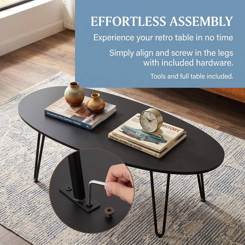 EFFORTLESS ASSEMBLY  
Experience your retro table in no time  
Simply align and screw in the legs with included hardware.  
Tools and full table included.  

American Mid-Century Design  
VINTAGE AUTOMOTIVE HISTORY  
HISTORY