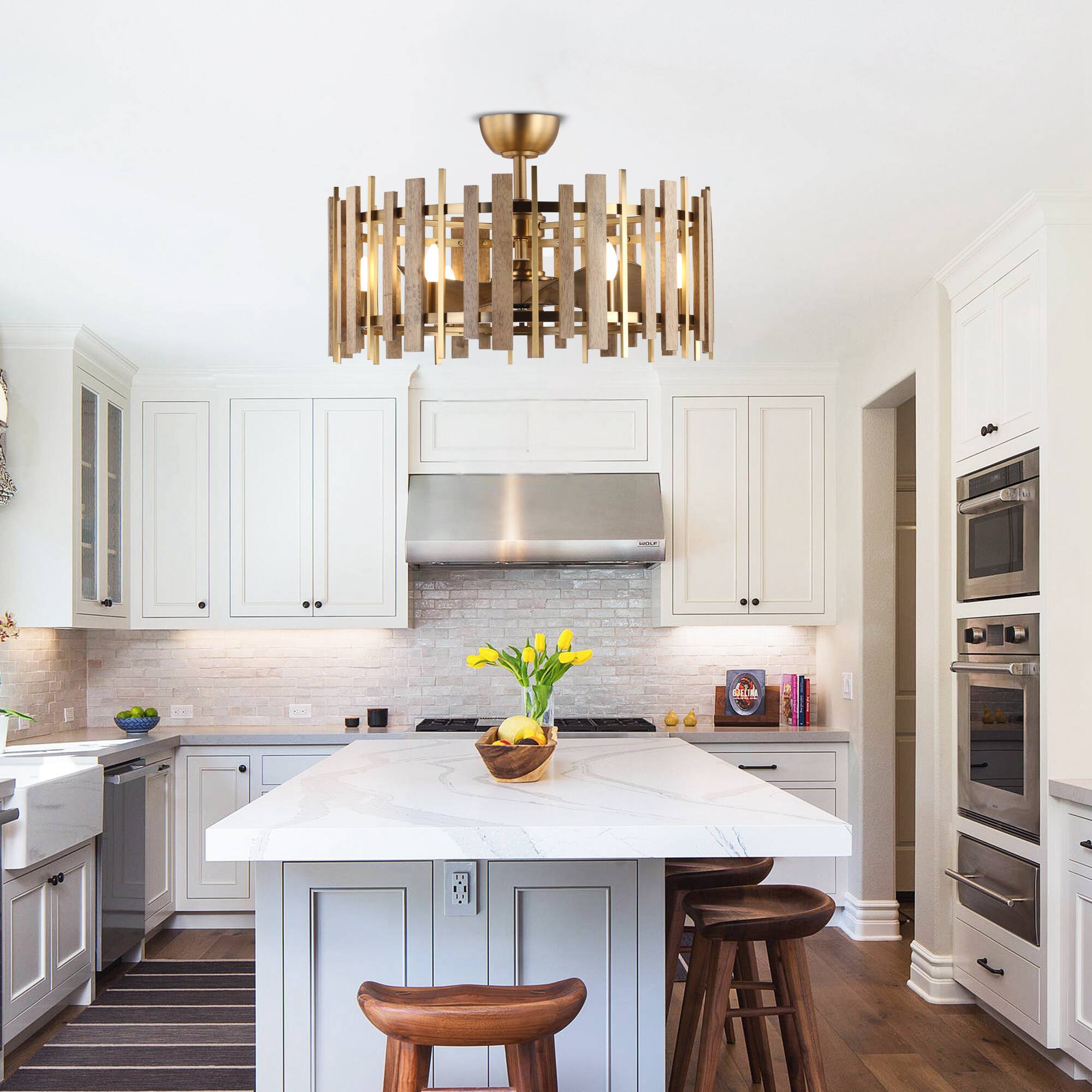 Left. Perimost - 30" Gold Farmhouse Handmade Wood Shade Fandelier Ceiling Fan with Remote and DC Reversible Motor - Gold.