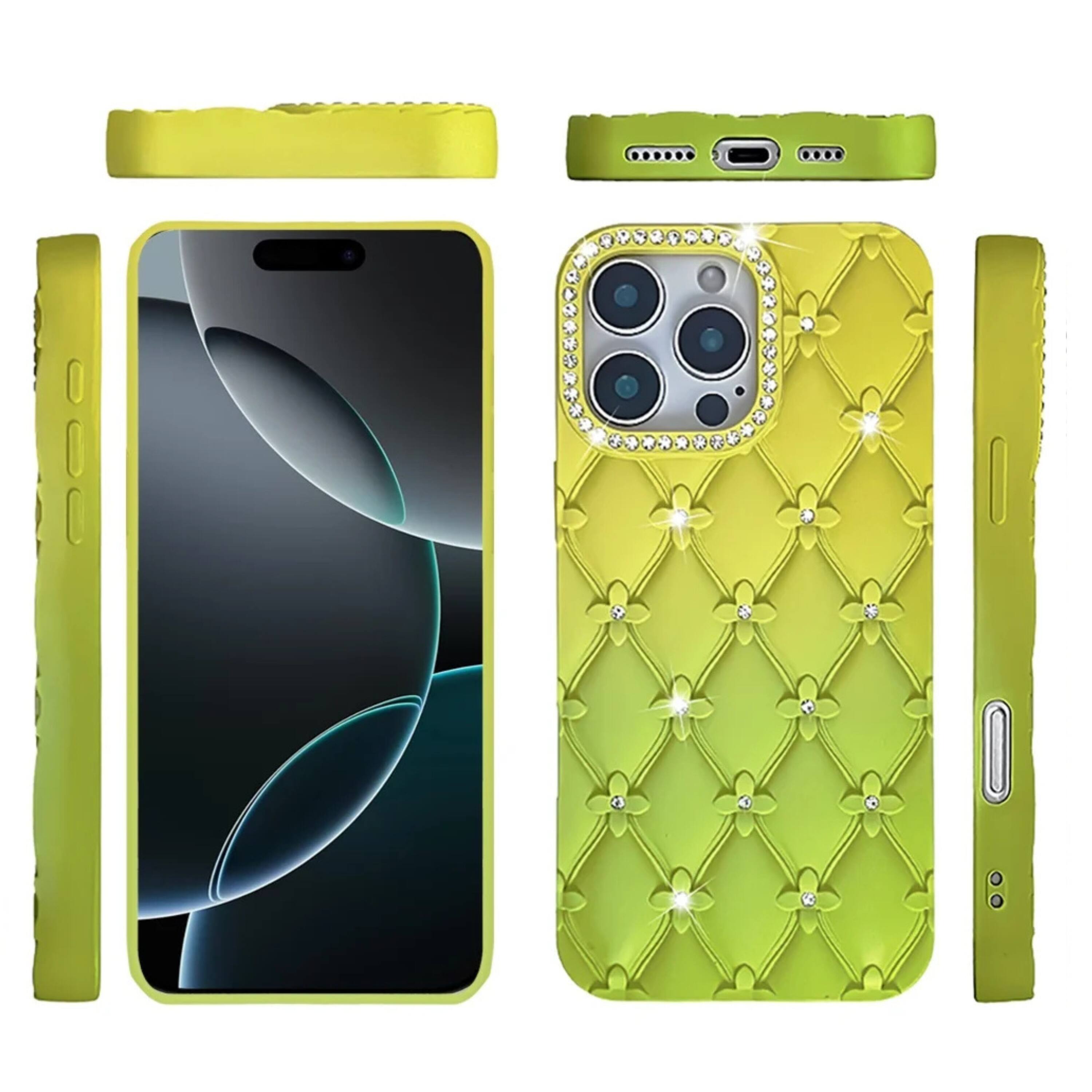 Angle. Kitcheniva - Bling Diamond Pattern Padded Case With Tempered Glass For iPhone 16 Pro Max Yellow - Yellow.