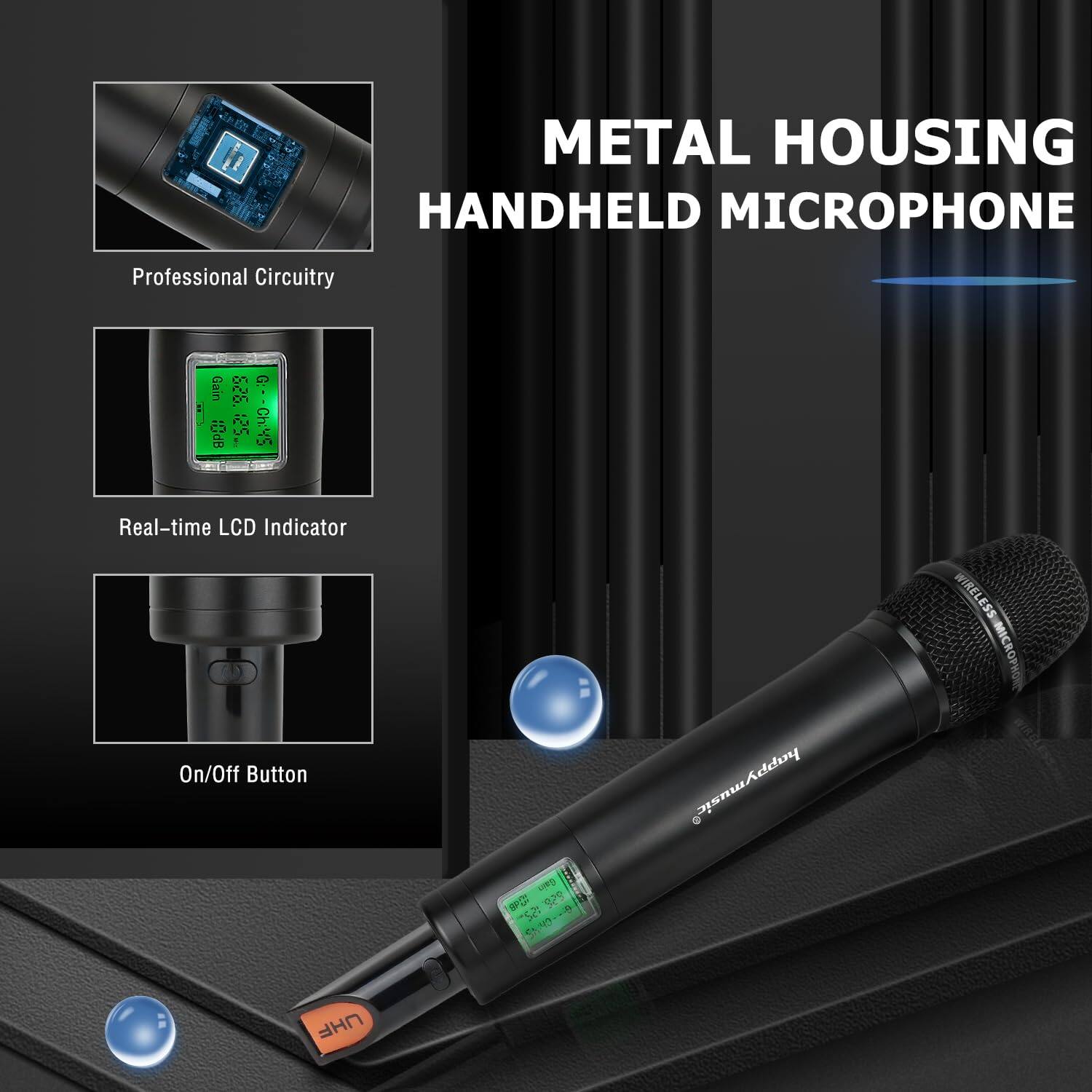 Sure, here is the corrected and grouped text from the image:

---

**METAL HOUSING HANDHELD MICROPHONE**

- **Professional Circuitry**
- **Real-time LCD Indicator**
- **On/Off Button**

---

**Additional Features:**
- Gain: 828
- PO: 521
- UHF: 5h45--5
- WIRELESS On/Off Button
- HAPPY MUSIC

---