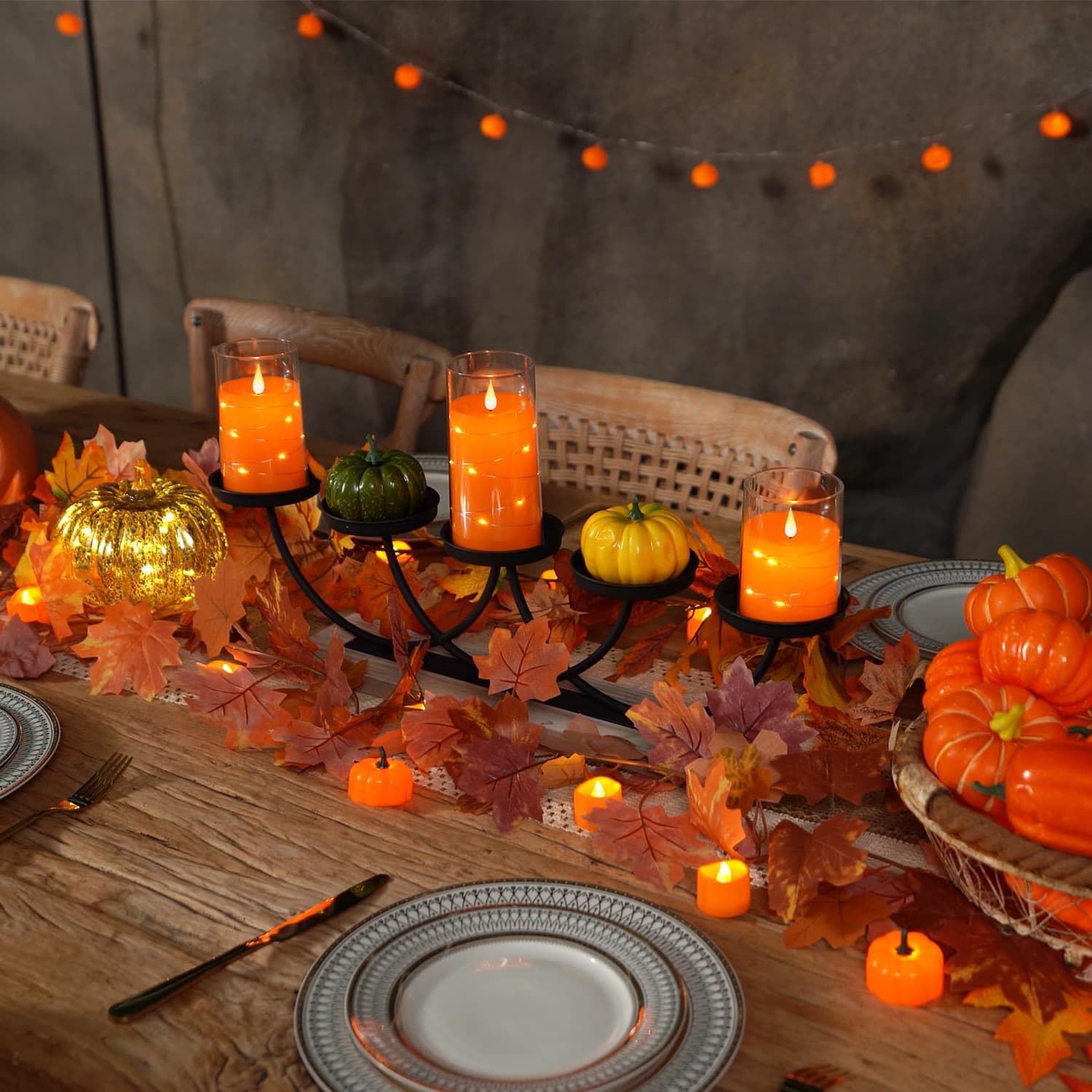 Alt View 3. FINEAK - Halloween Orange Flameless Candles with String Lights - Battery-Operated LED with Remote & Timer - Orange.