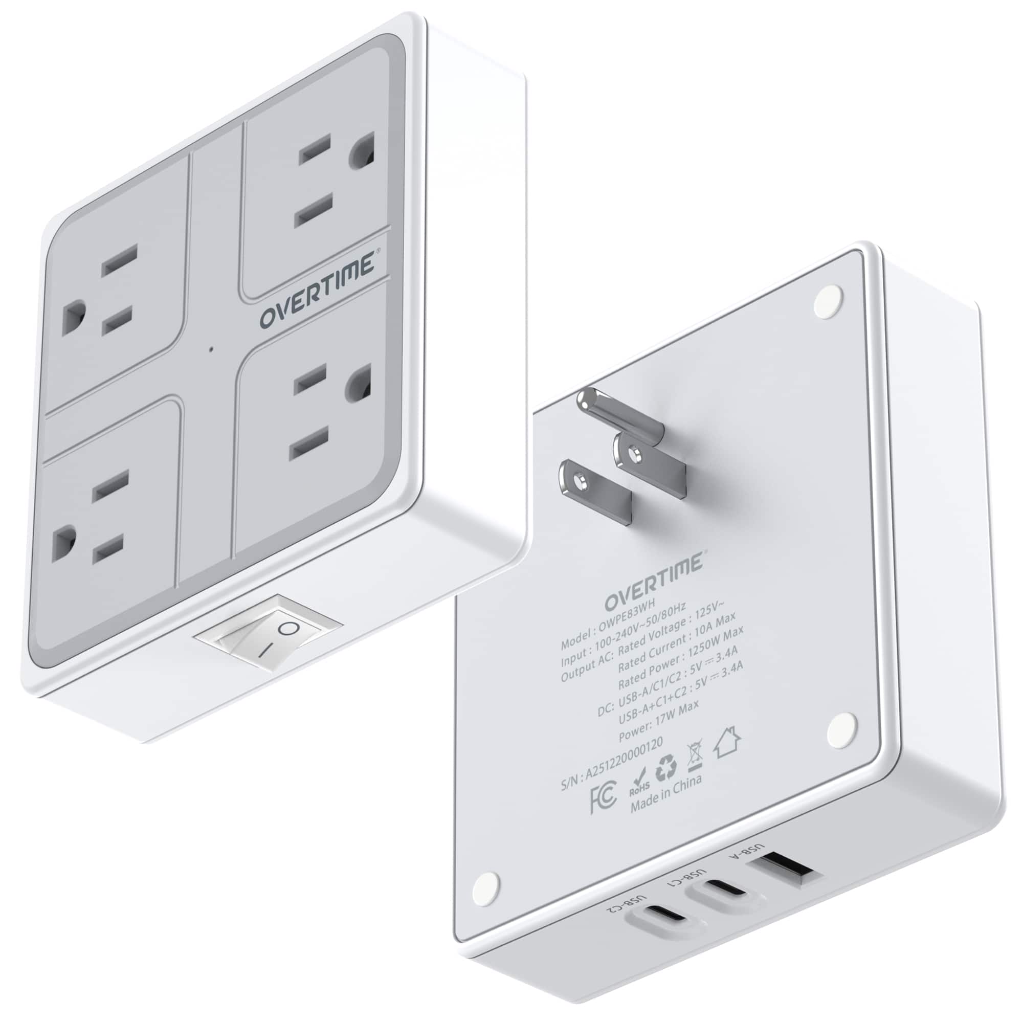 Overtime - E63 7-in-1 Wall Outlet Surge Protector Extender 4 AC Outlets, 2 USB-A & 1 USB-C - White