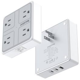 Overtime - E63 7-in-1 Wall Outlet Surge Protector Extender 4 AC Outlets, 2 USB-A & 1 USB-C - White