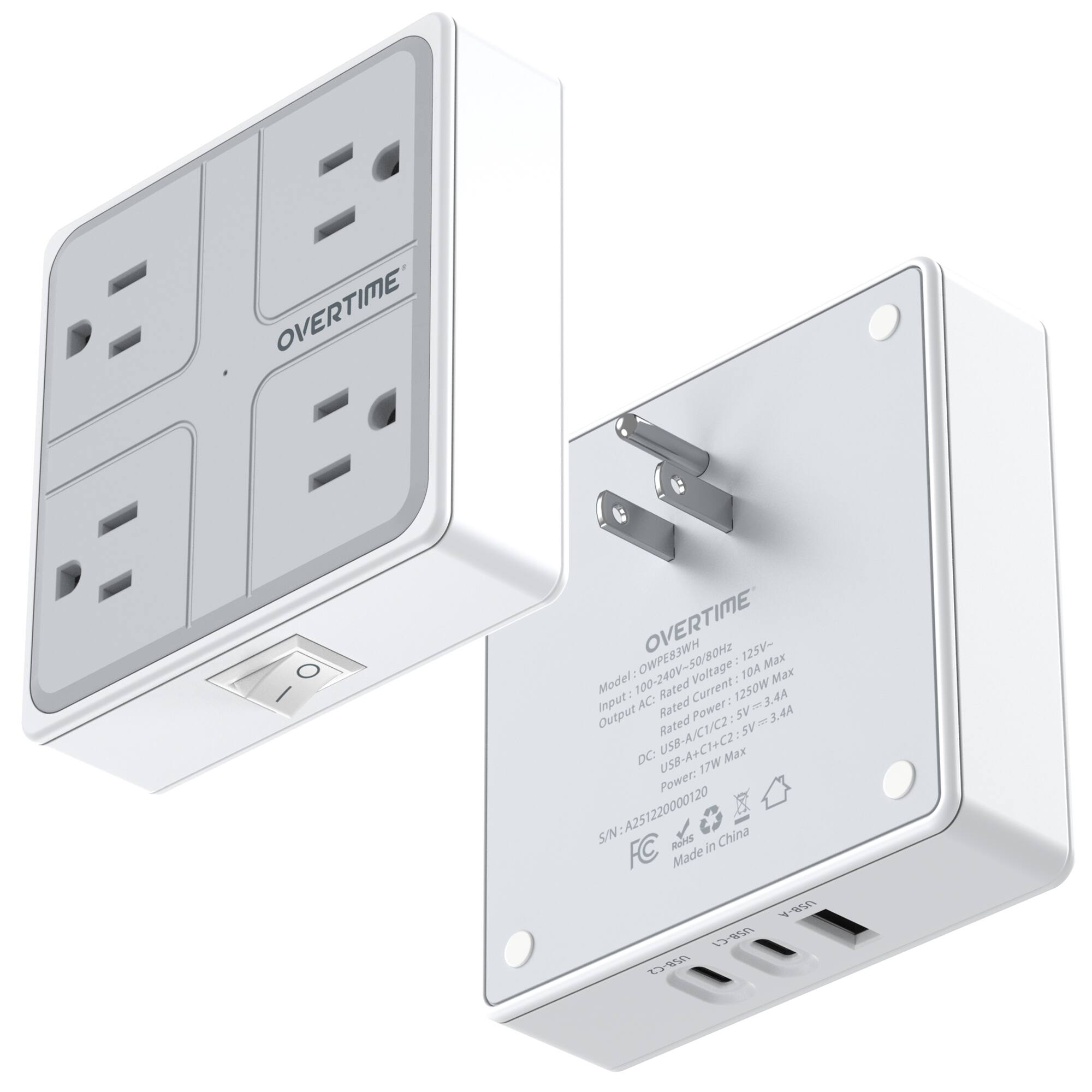 OVERTIME  
Model: OWPE83WH  
Input: AC 100-240V~50/60Hz 125V-  
Rated Voltage: 125V  
Rated Current: 10A  
Rated Power: 1250W  
Output: DC 5V=3.4A  
USB-A+CT+C2  
Max Power: 17W  
S/N: A251220000120  
Made in China  
FC  
y85n