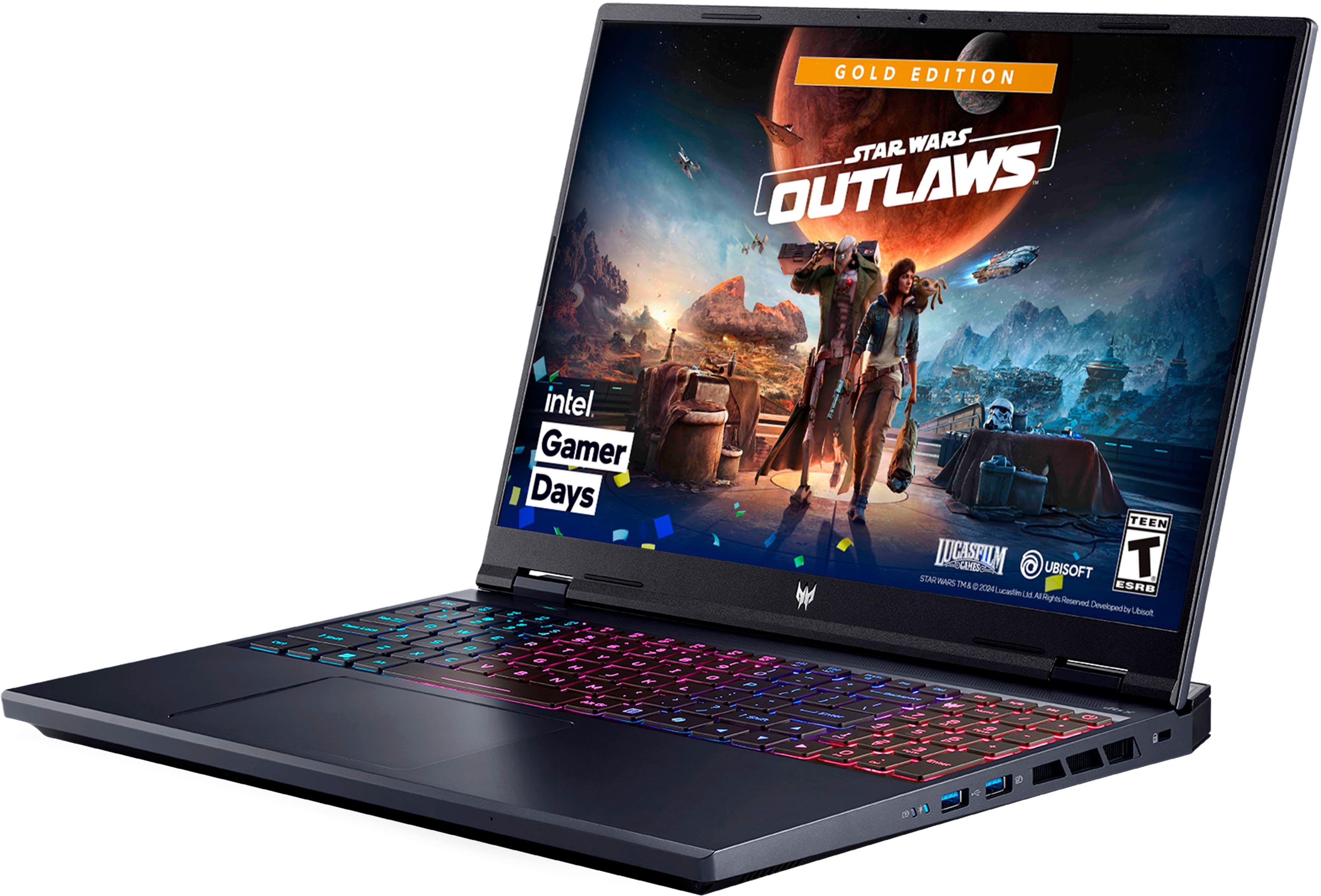 The image features a laptop computer with a Star Wars game displayed on the screen. The game is the "Gold Edition" of Star Wars Outlaws. The laptop is an Intel Gamer Days edition, which is specifically designed for gaming. The game is rated "Teen" by Lucasfilm and Ubisoft.