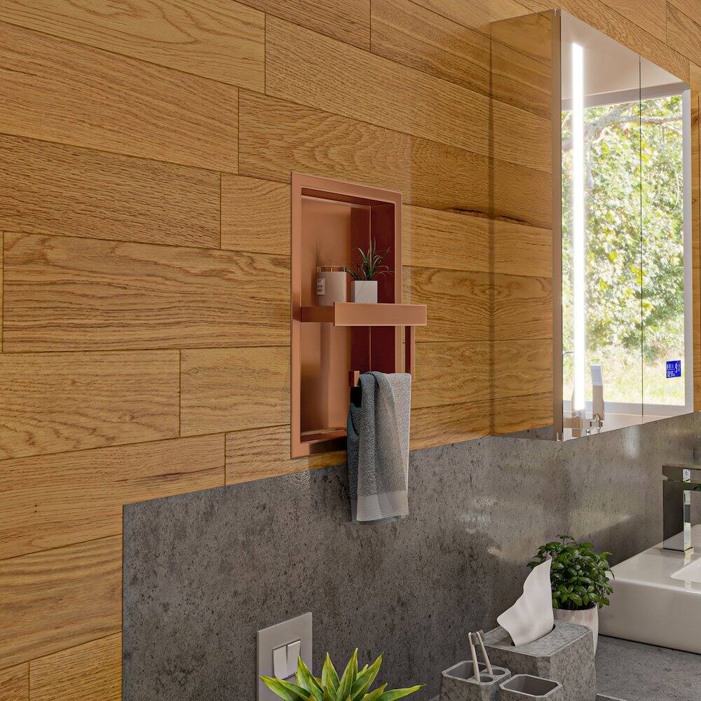 Angle. Alfi - Brushed Copper PVD Stainless Steel Recessed Toilet Paper Holder Niche - Silver.