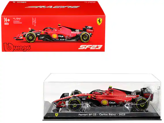 Sure, here is the corrected and grouped text:
---
**Box:**
- Burago
- RACING
- 1/24
- 14+ AGES
- SF-23
- Carlos Sainz - 2023
- 55
- Santander
- V-Power
- Ceva
- Ray-Ban
- AWS
- Richard Mille
- Shell
- Pirelli
- ZCO
- MMS
- ORE
- Burago
**Car:**
- Ferrari SF-23 - Carlos Sainz - 2023
- 55
- Santander
- V-Power
- Ceva
- Ray-Ban
- AWS
- Richard Mille
- Shell
- Pirelli
- ZCO
- MMS
- ORE
---