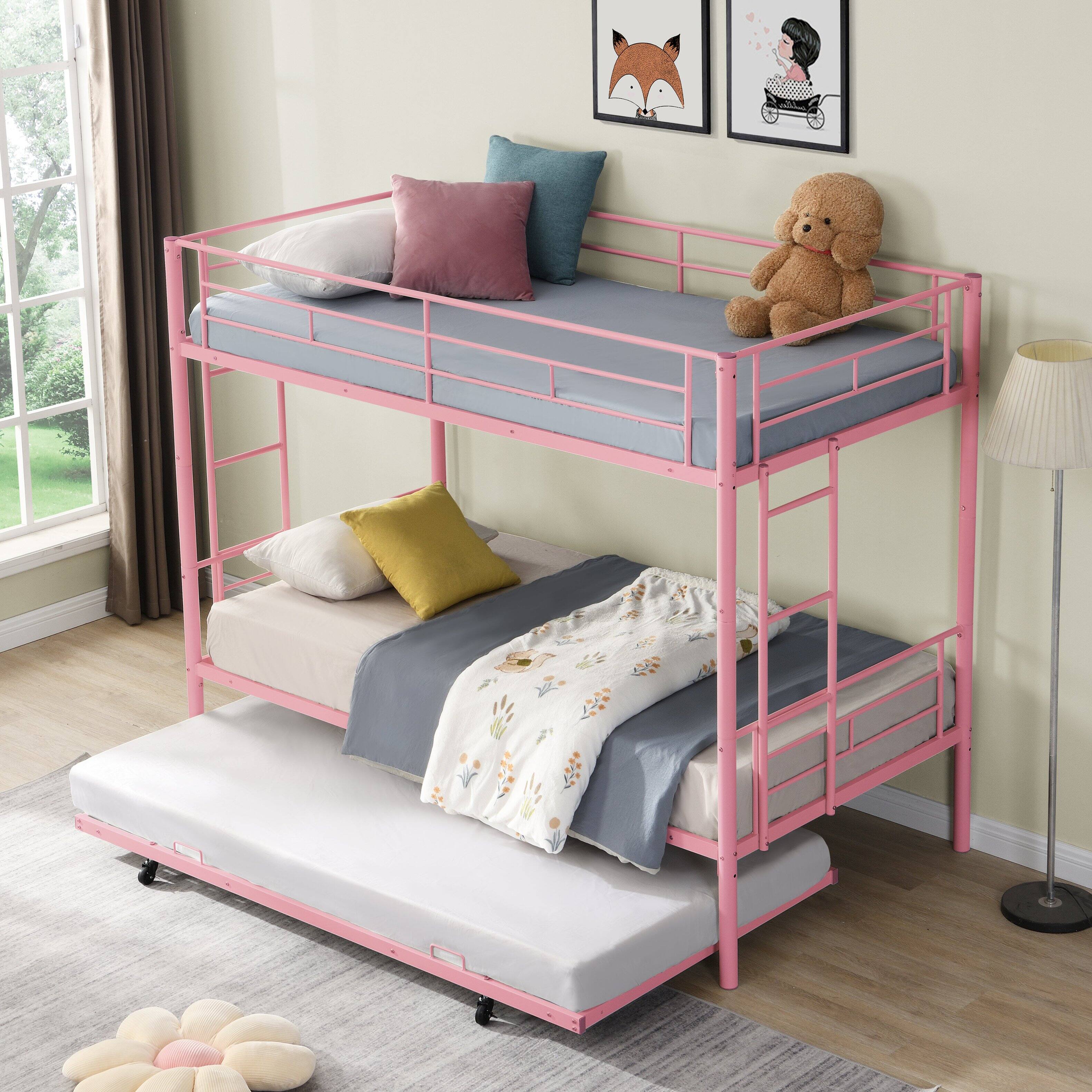 Alt View 4. Boyel Living - Pink Metal Triple Bunk Bed with Trundle – Twin Over Twin Over Twin - Pink.