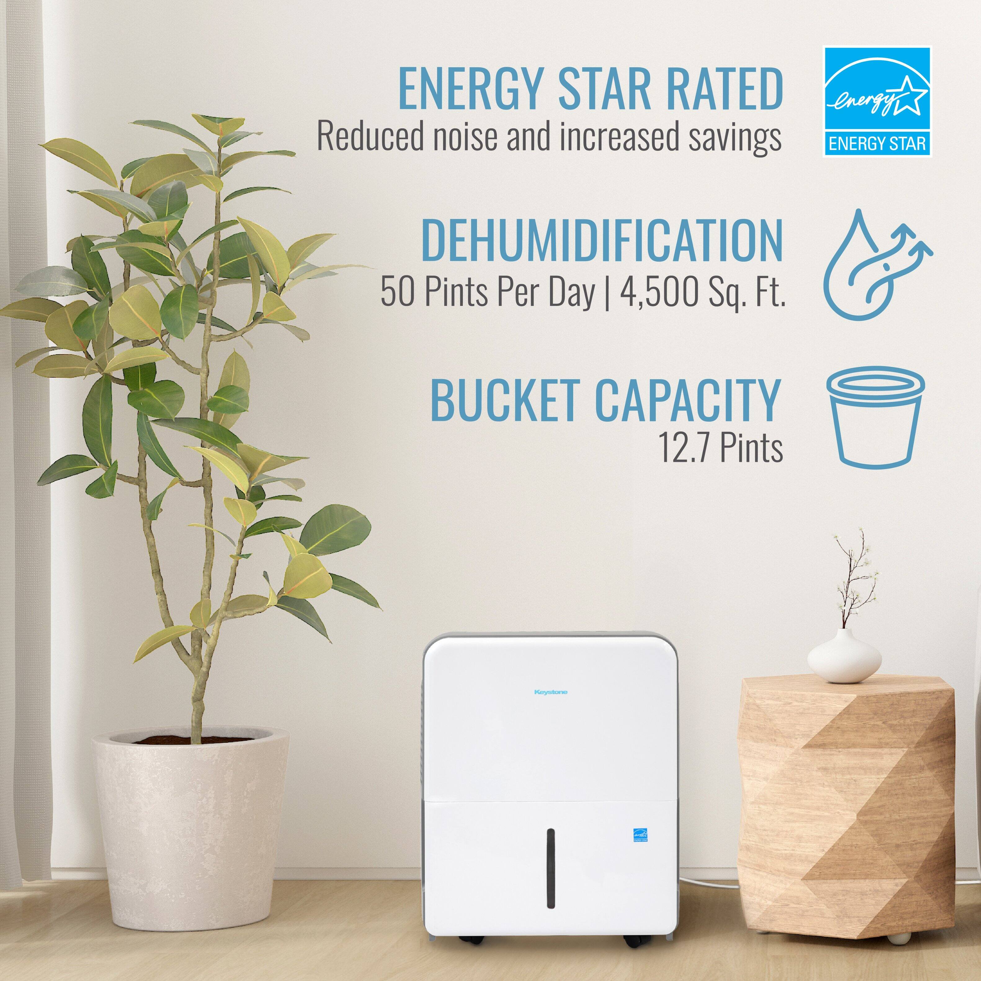 ENERGY STAR RATED  
Reduced noise and increased savings  

DEHUMIDIFICATION  
50 Pints Per Day | 4,500 Sq. Ft.  

BUCKET CAPACITY  
12.7 Pints