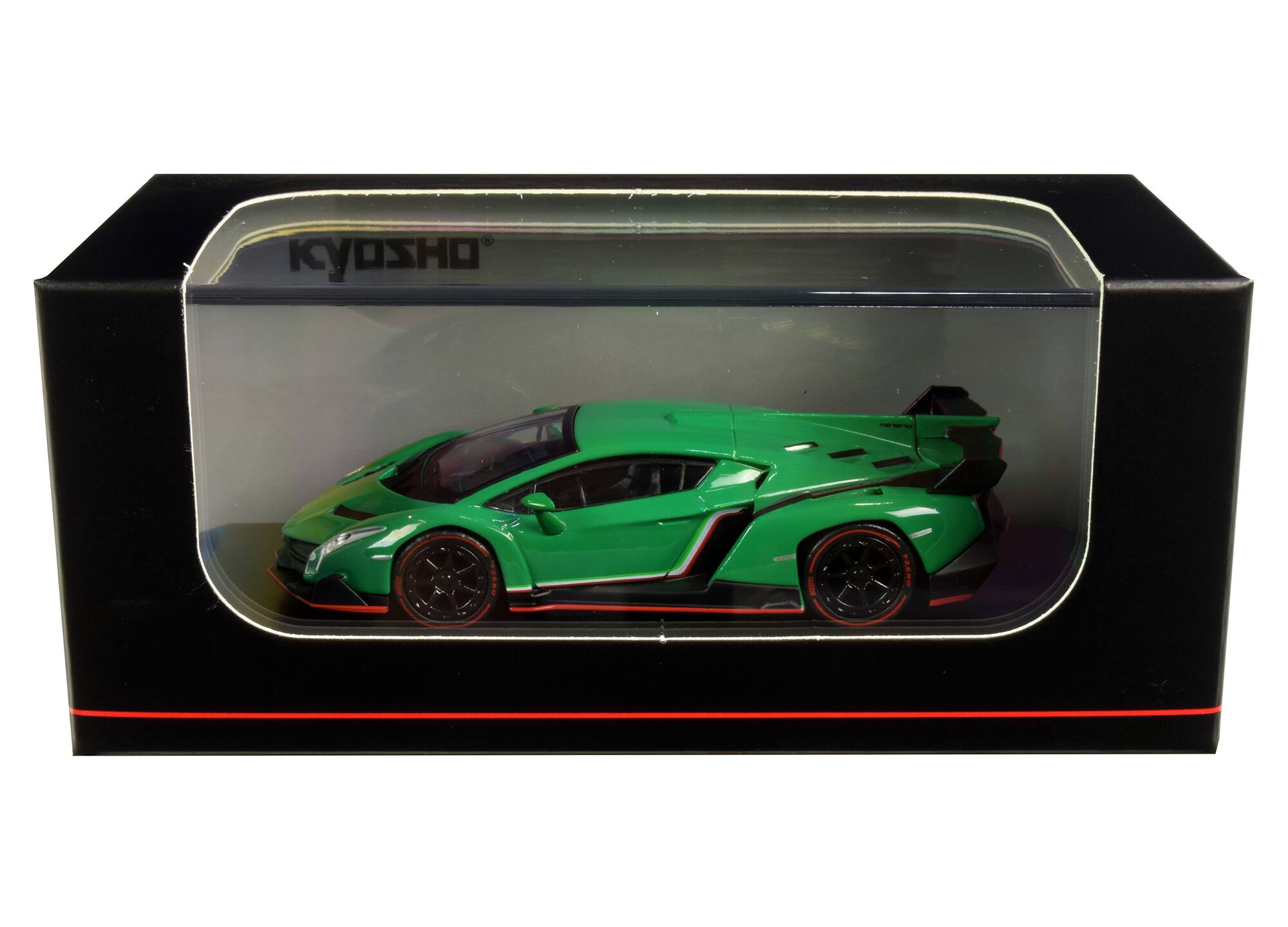 Alt View 2. Kyosho - Lamborghini Veneno Green with Red Line 1/64 Diecast Model Car by Kyosho.