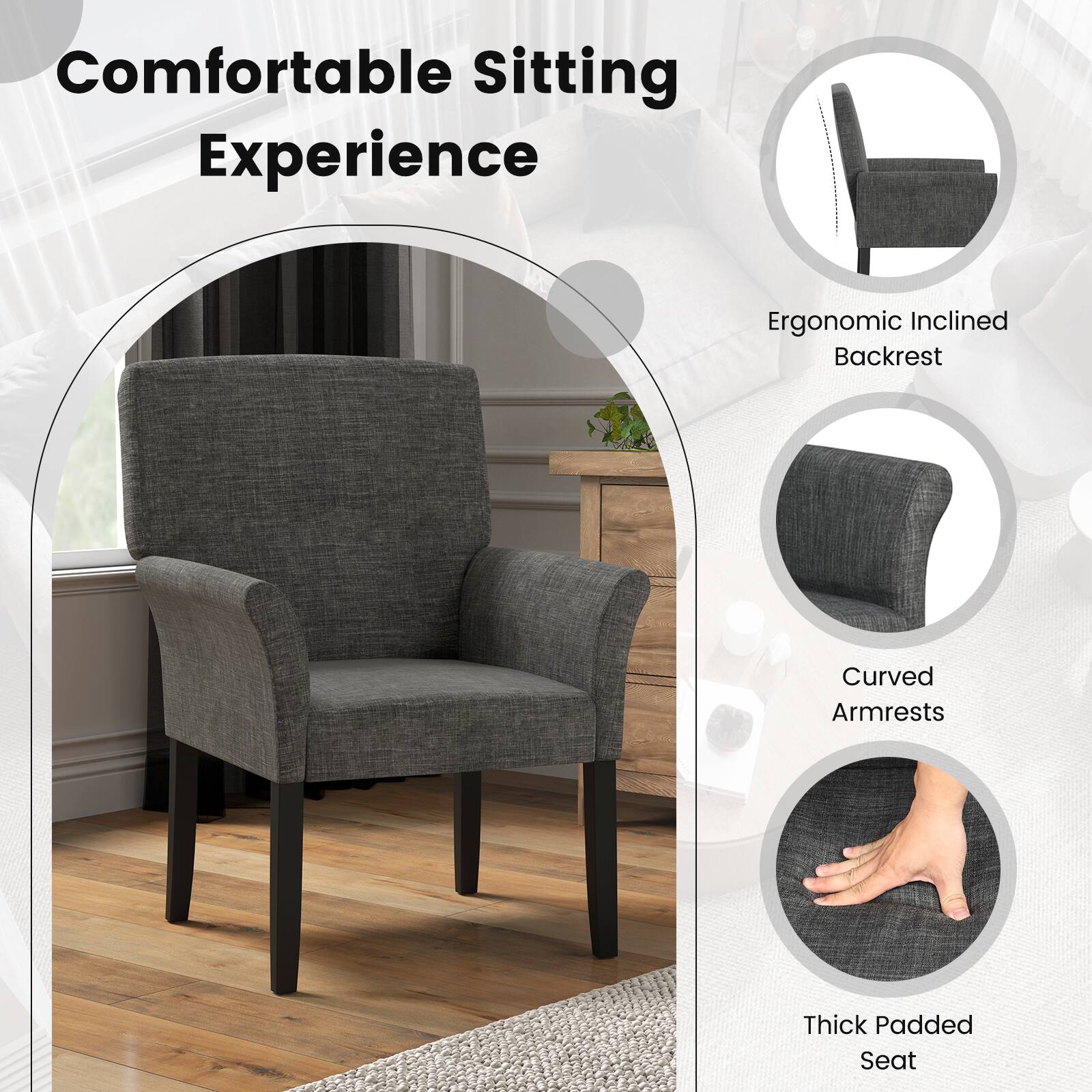 Comfortable Sitting Experience

- Ergonomic Inclined Backrest
- Curved Armrests
- Thick Padded Seat