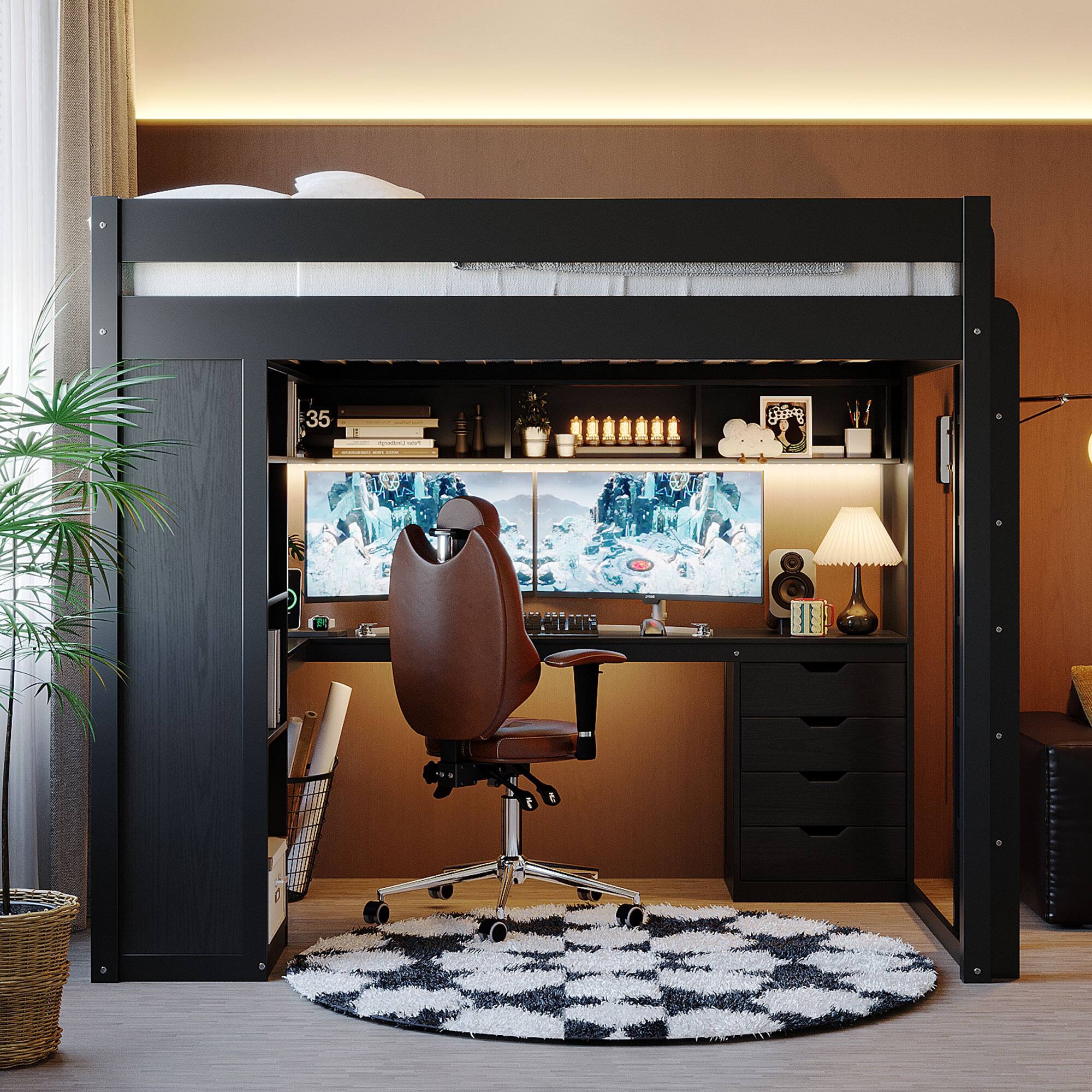 Angle. Anysun - Full Solid Wood Loft Bed with L-Shaped Desk & 4 Drawers - App-Controlled LED Lights, USB Ports & 4-Tier Shelves - Black.