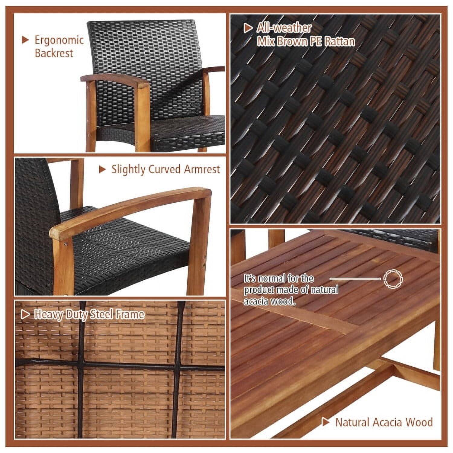 - Ergonomic Backrest
- Slightly Curved Armrest
- All-weather Mix Brown PE Rattan
- Heavy Duty Steel Frame
- It's normal for the product made of natural acacia wood.
- Natural Acacia Wood