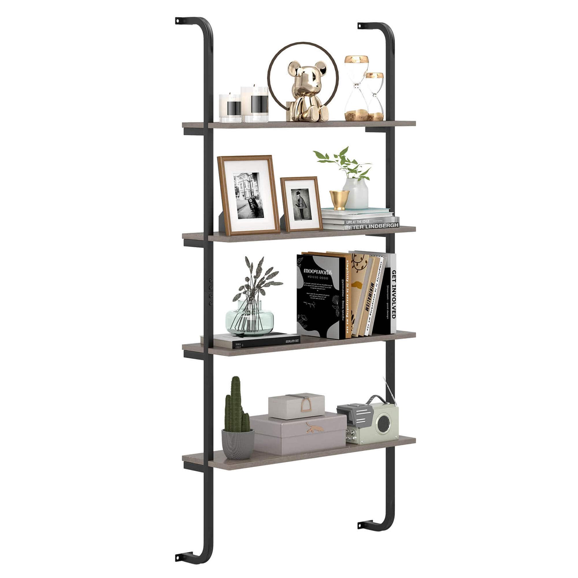 Costway - 1 PCS 4-Tier Wall-mounted Ladder Shelf Display Bookshelf with Heavy-duty Metal Frame - Gray Oak