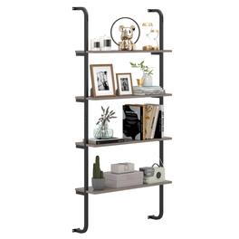 Costway - 1 PCS 4-Tier Wall-mounted Ladder Shelf Display Bookshelf with Heavy-duty Metal Frame - Gray Oak
