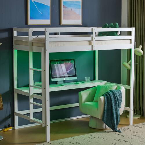 Alt View 7. Winado - Twin Size Wood Loft Bed Frame with Desk & Bookcase Solid Safety Guardrail with RGB LED 2 Charging Station for Junior - White.